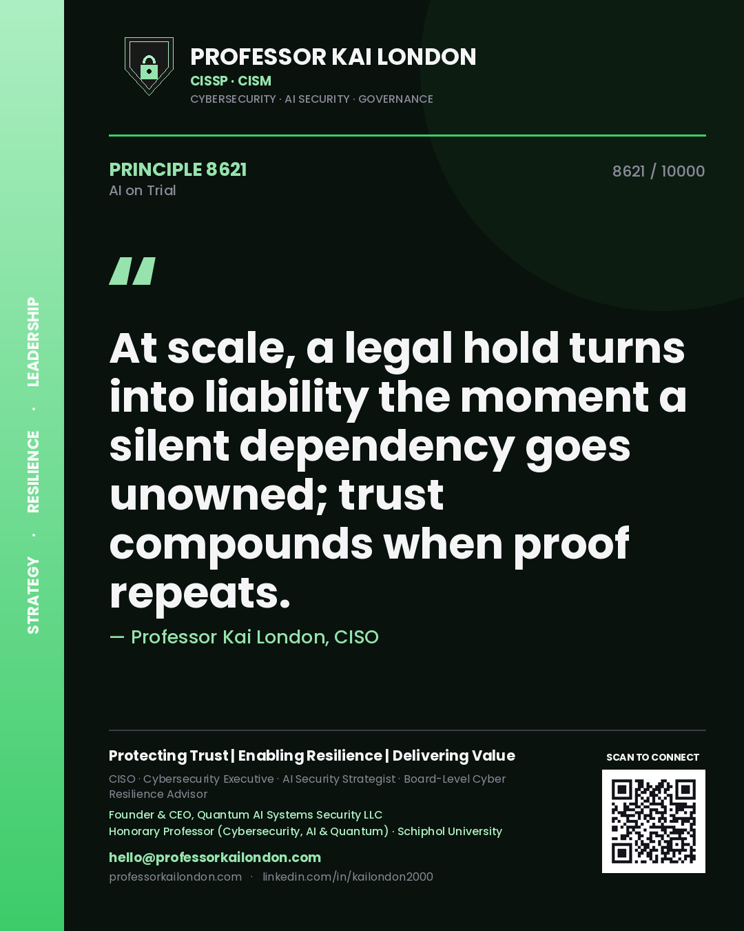 Professor Kai London principle 8621: At scale, a legal hold turns into liability the moment a silent dependency goes unowned; trust compounds when proof repeats.