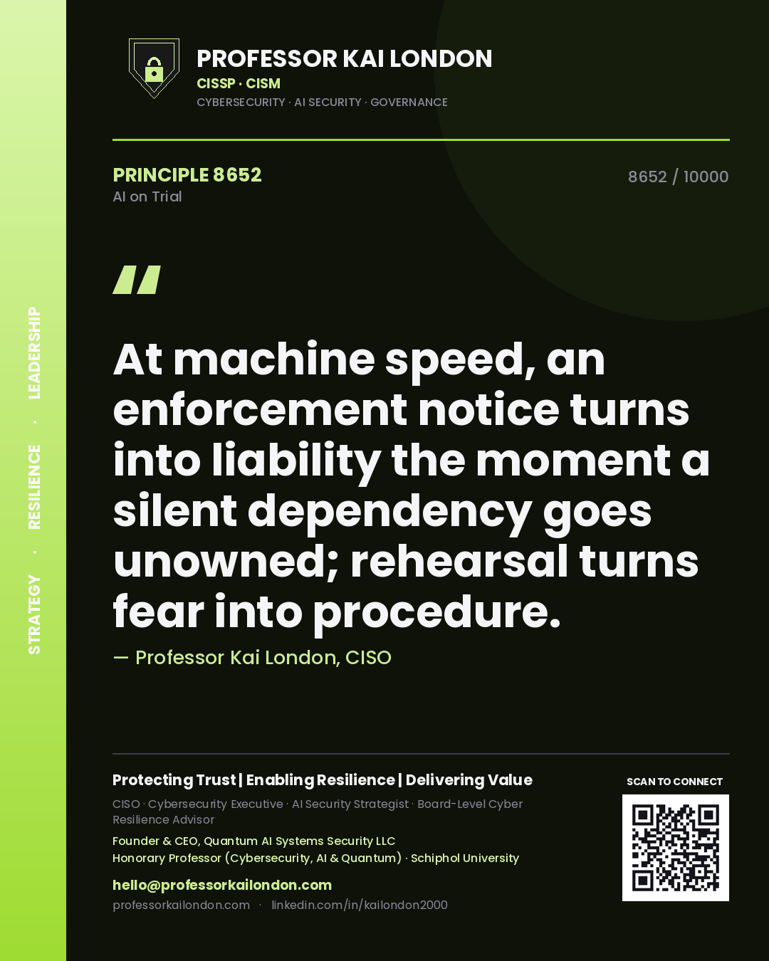 Professor Kai London principle 8652: At machine speed, an enforcement notice turns into liability the moment a silent dependency goes unowned; rehearsal turns fear into procedure.