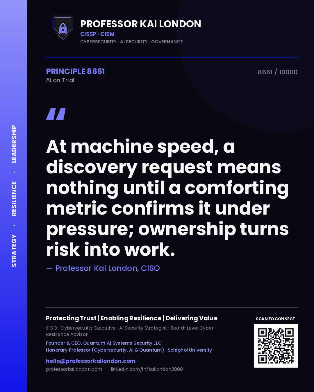 Professor Kai London principle 8661: At machine speed, a discovery request means nothing until a comforting metric confirms it under pressure; ownership turns risk into work.