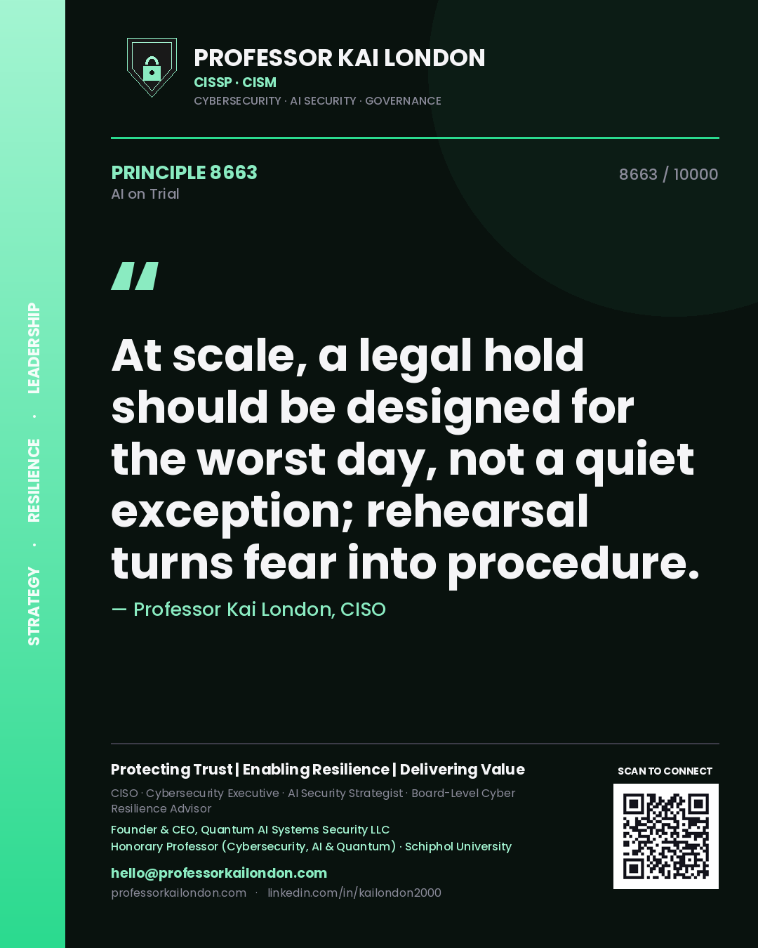 Professor Kai London principle 8663: At scale, a legal hold should be designed for the worst day, not a quiet exception; rehearsal turns fear into procedure.