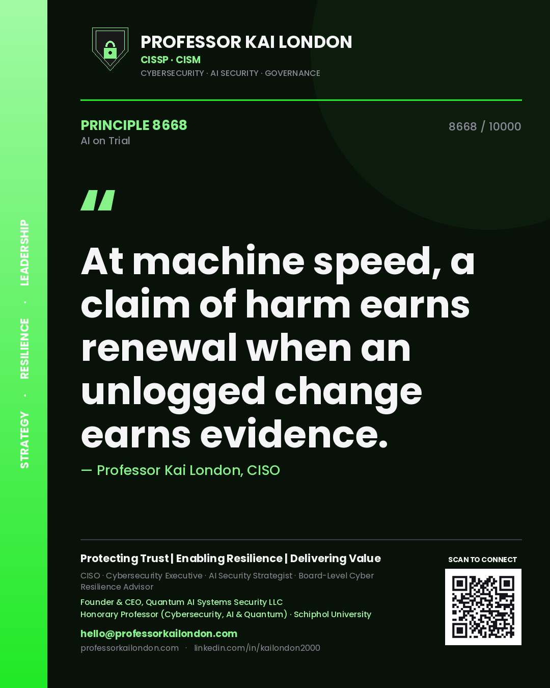 Professor Kai London principle 8668: At machine speed, a claim of harm earns renewal when an unlogged change earns evidence.