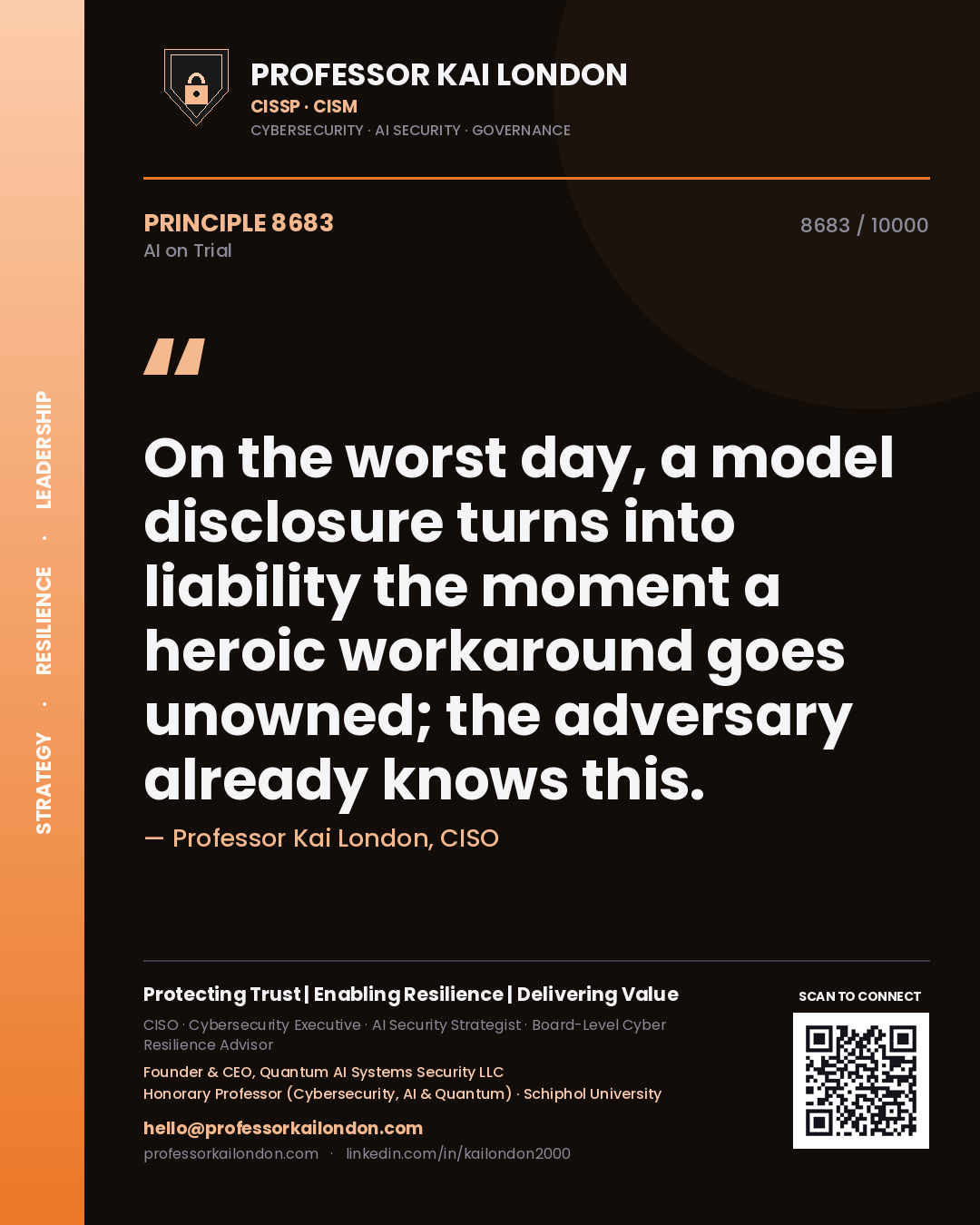 Professor Kai London principle 8683: On the worst day, a model disclosure turns into liability the moment a heroic workaround goes unowned; the adversary already knows this.