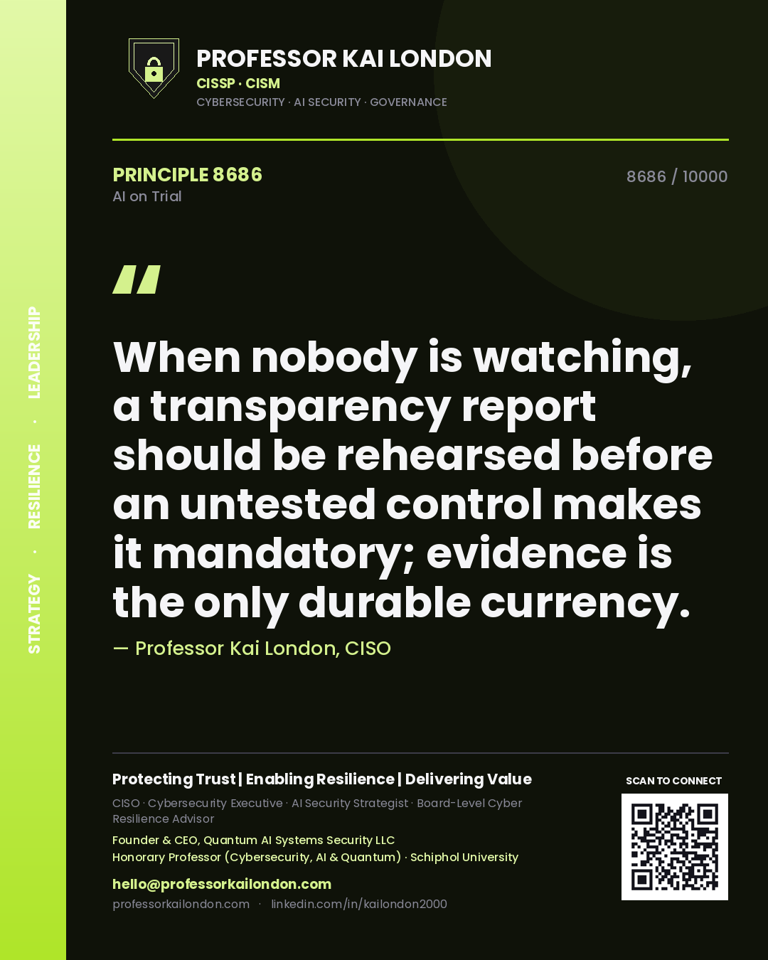 Professor Kai London principle 8686: When nobody is watching, a transparency report should be rehearsed before an untested control makes it mandatory; evidence is the only durable currency.