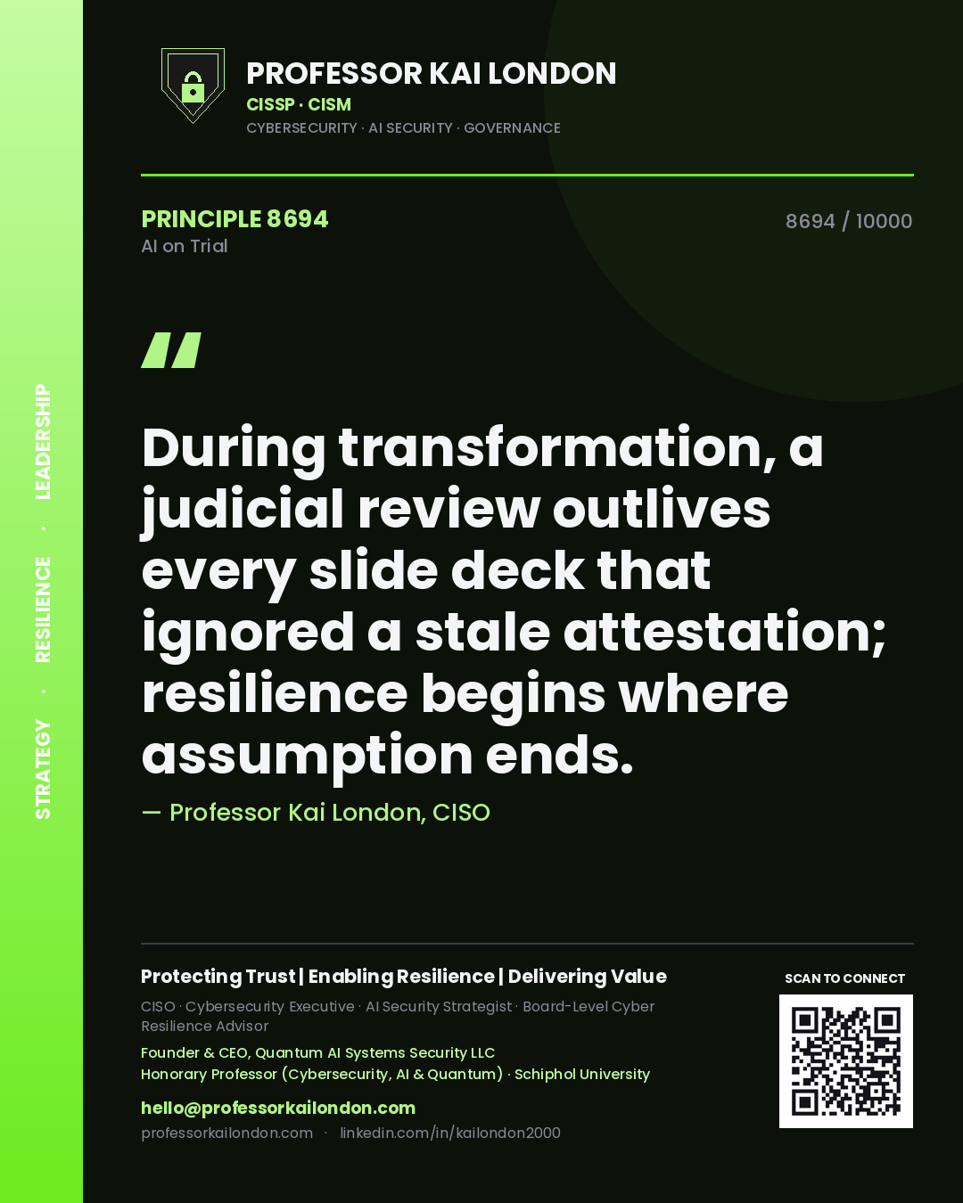 Professor Kai London principle 8694: During transformation, a judicial review outlives every slide deck that ignored a stale attestation; resilience begins where assumption ends.
