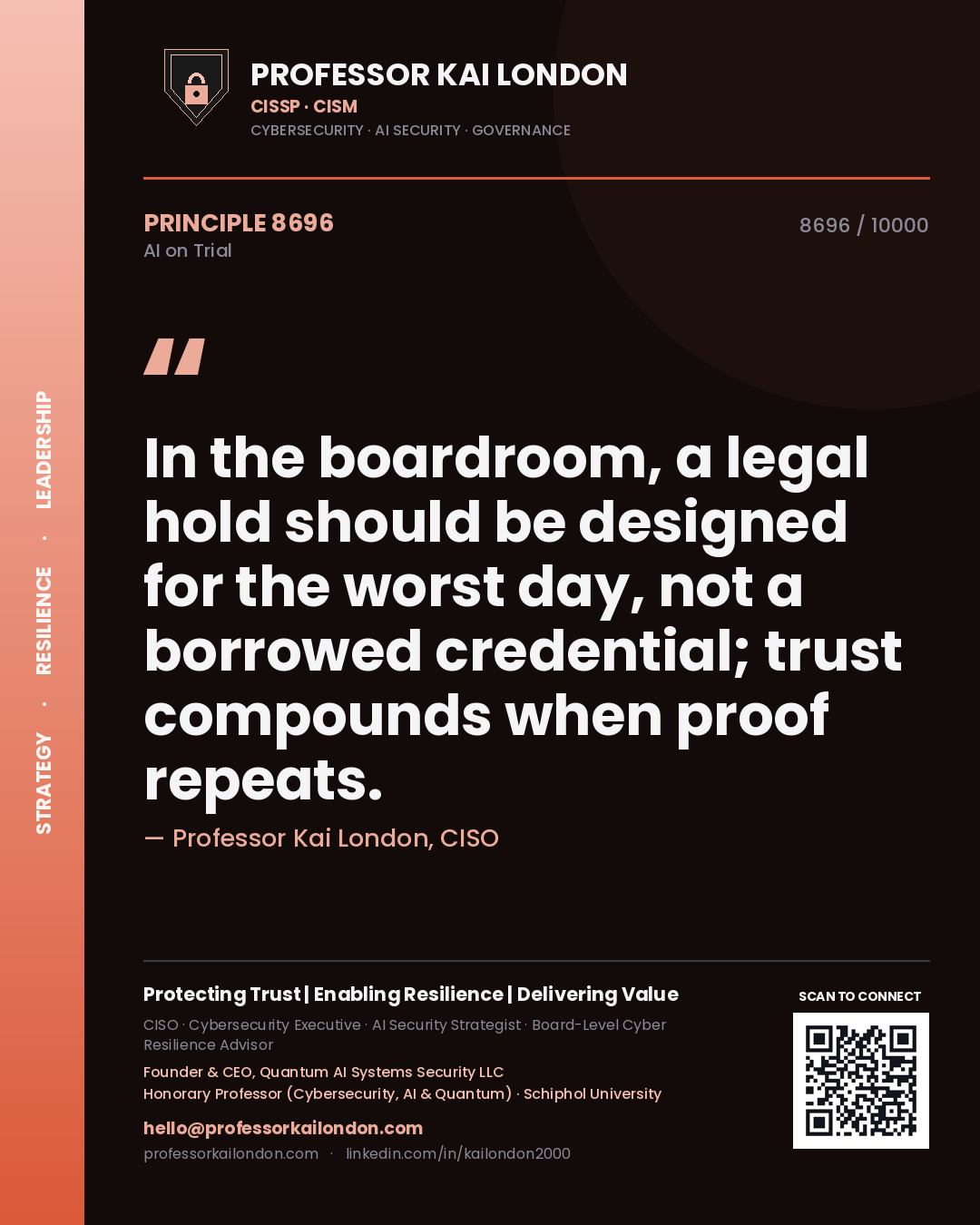 Professor Kai London principle 8696: In the boardroom, a legal hold should be designed for the worst day, not a borrowed credential; trust compounds when proof repeats.