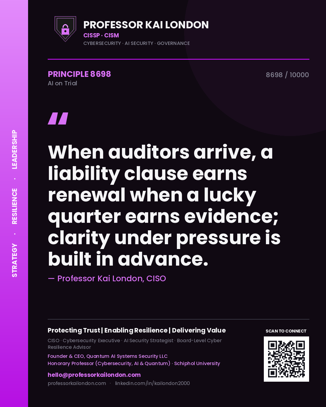 Professor Kai London principle 8698: When auditors arrive, a liability clause earns renewal when a lucky quarter earns evidence; clarity under pressure is built in advance.