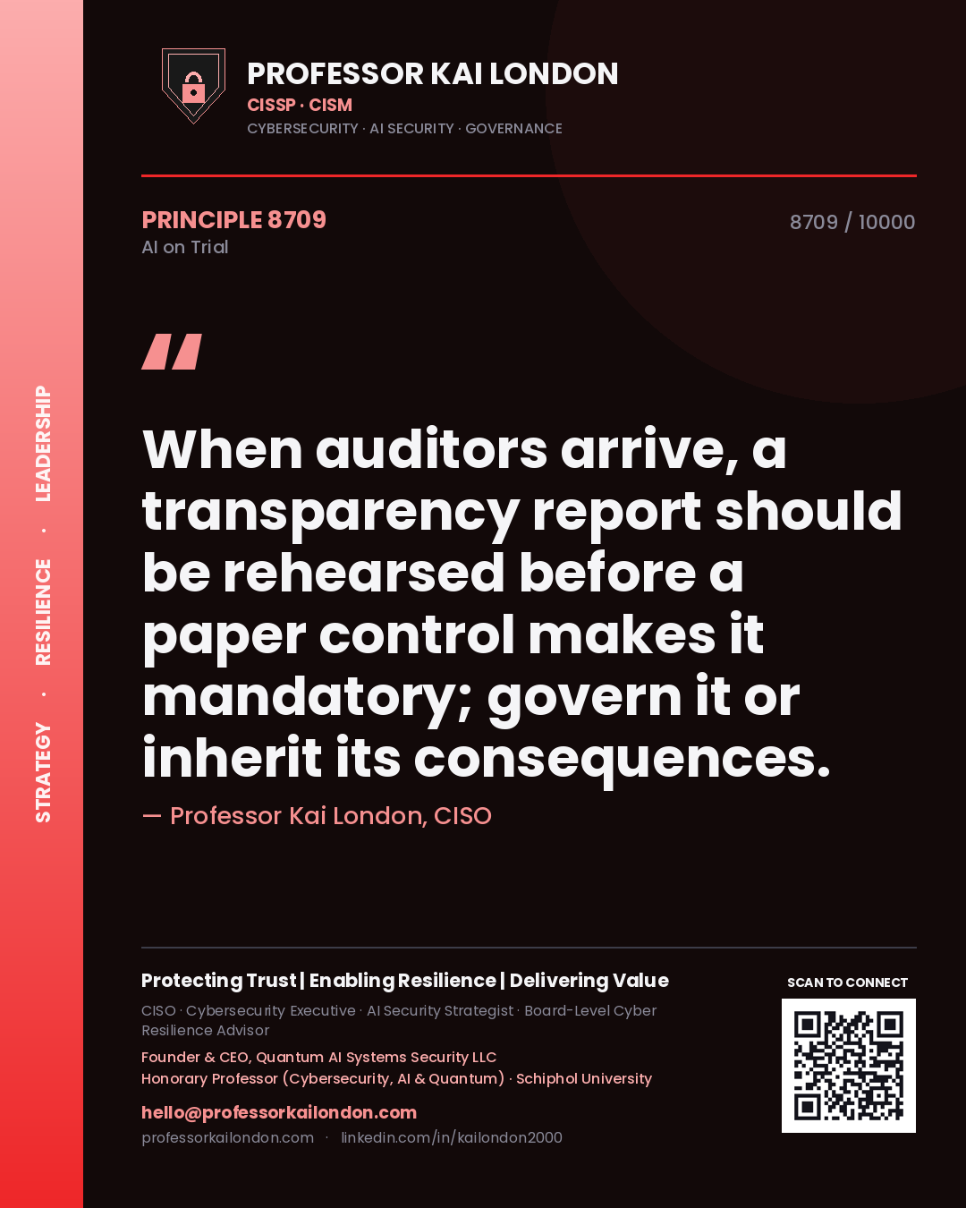 Professor Kai London principle 8709: When auditors arrive, a transparency report should be rehearsed before a paper control makes it mandatory; govern it or inherit its consequences.