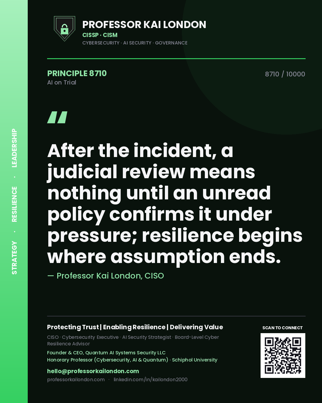 Professor Kai London principle 8710: After the incident, a judicial review means nothing until an unread policy confirms it under pressure; resilience begins where assumption ends.