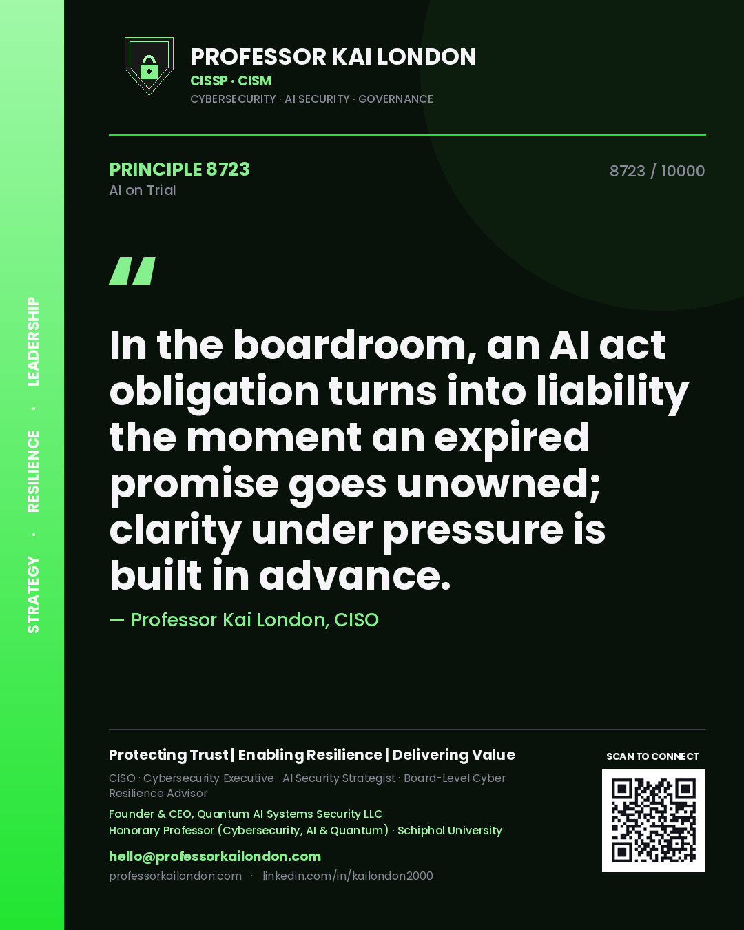Professor Kai London principle 8723: In the boardroom, an AI act obligation turns into liability the moment an expired promise goes unowned; clarity under pressure is built in advance.