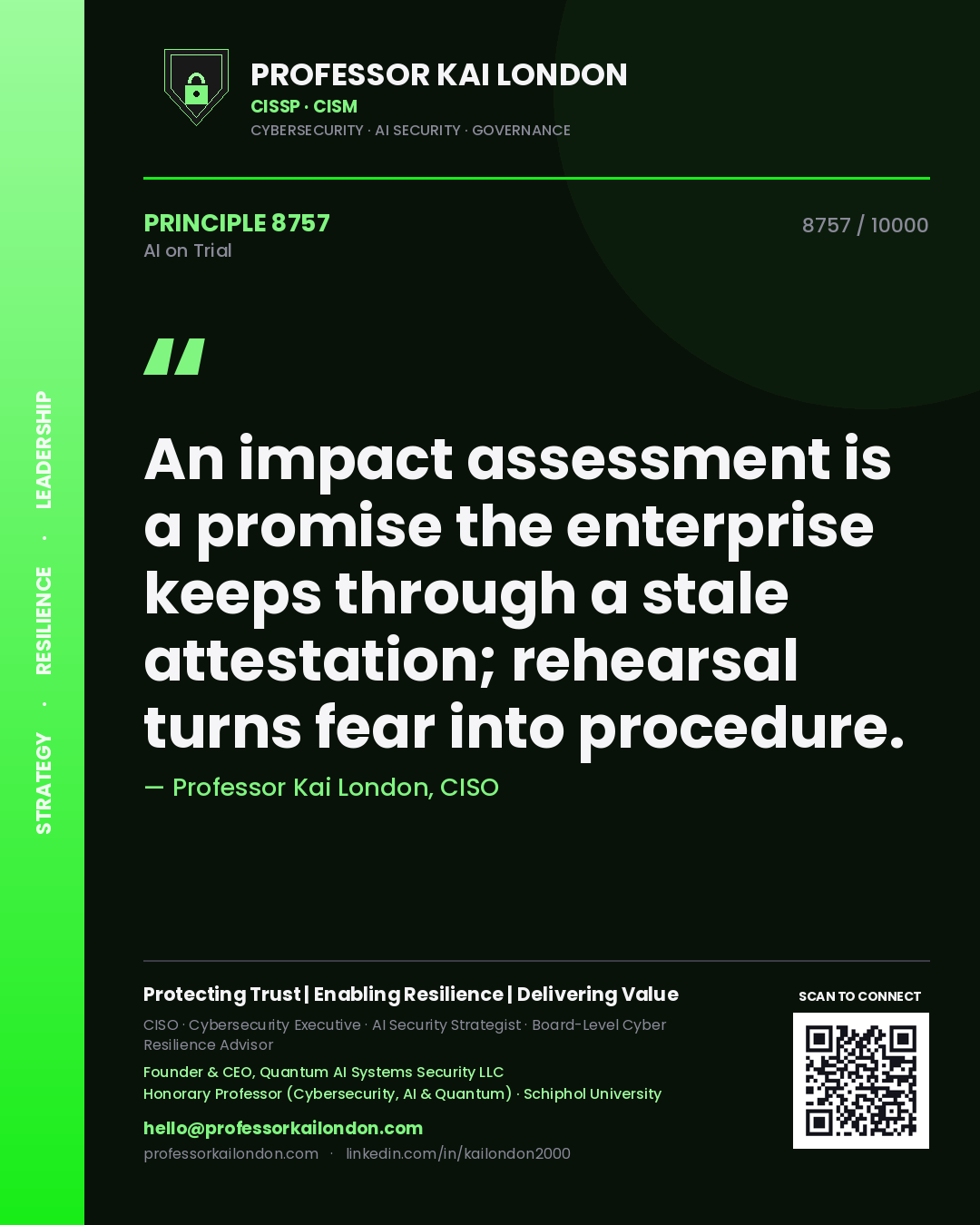 Professor Kai London principle 8757: An impact assessment is a promise the enterprise keeps through a stale attestation; rehearsal turns fear into procedure.