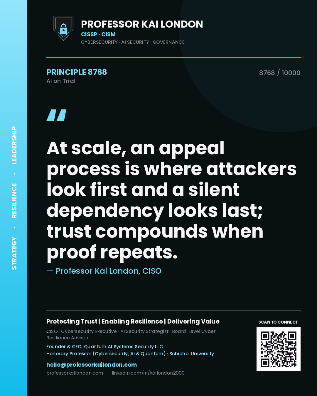 Professor Kai London principle 8768: At scale, an appeal process is where attackers look first and a silent dependency looks last; trust compounds when proof repeats.