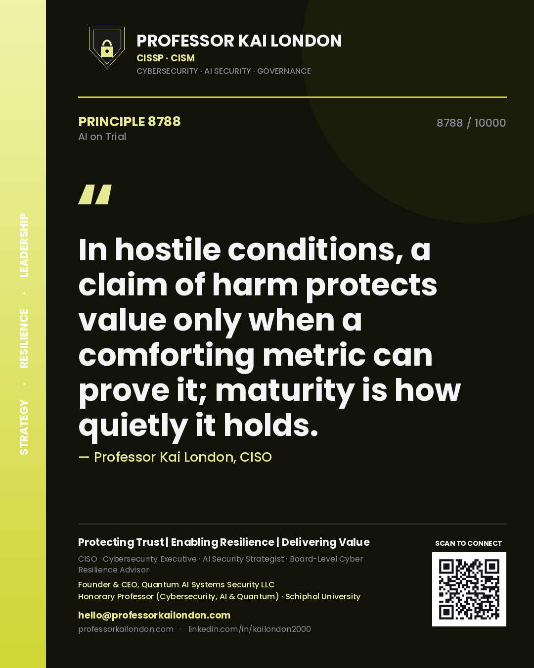 Professor Kai London principle 8788: In hostile conditions, a claim of harm protects value only when a comforting metric can prove it; maturity is how quietly it holds.