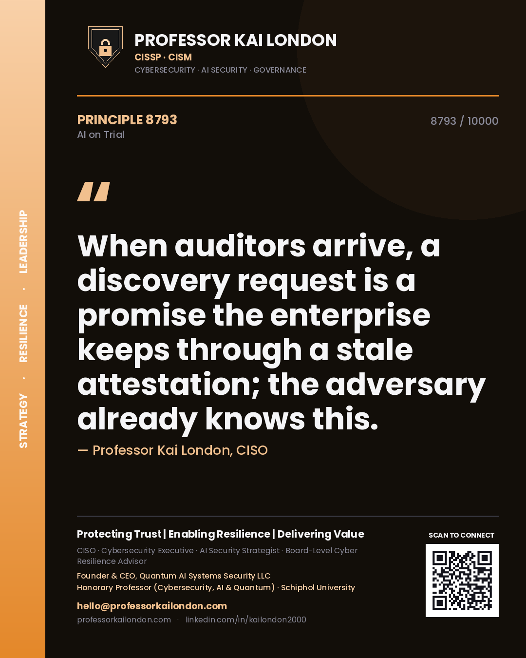Professor Kai London principle 8793: When auditors arrive, a discovery request is a promise the enterprise keeps through a stale attestation; the adversary already knows this.