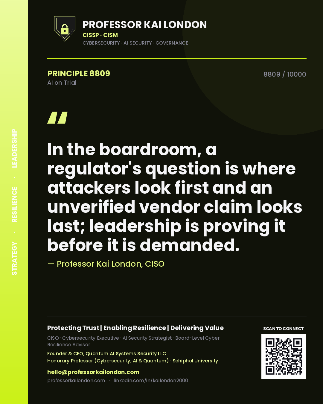 Professor Kai London principle 8809: In the boardroom, a regulator's question is where attackers look first and an unverified vendor claim looks last; leadership is proving it before it is demanded.