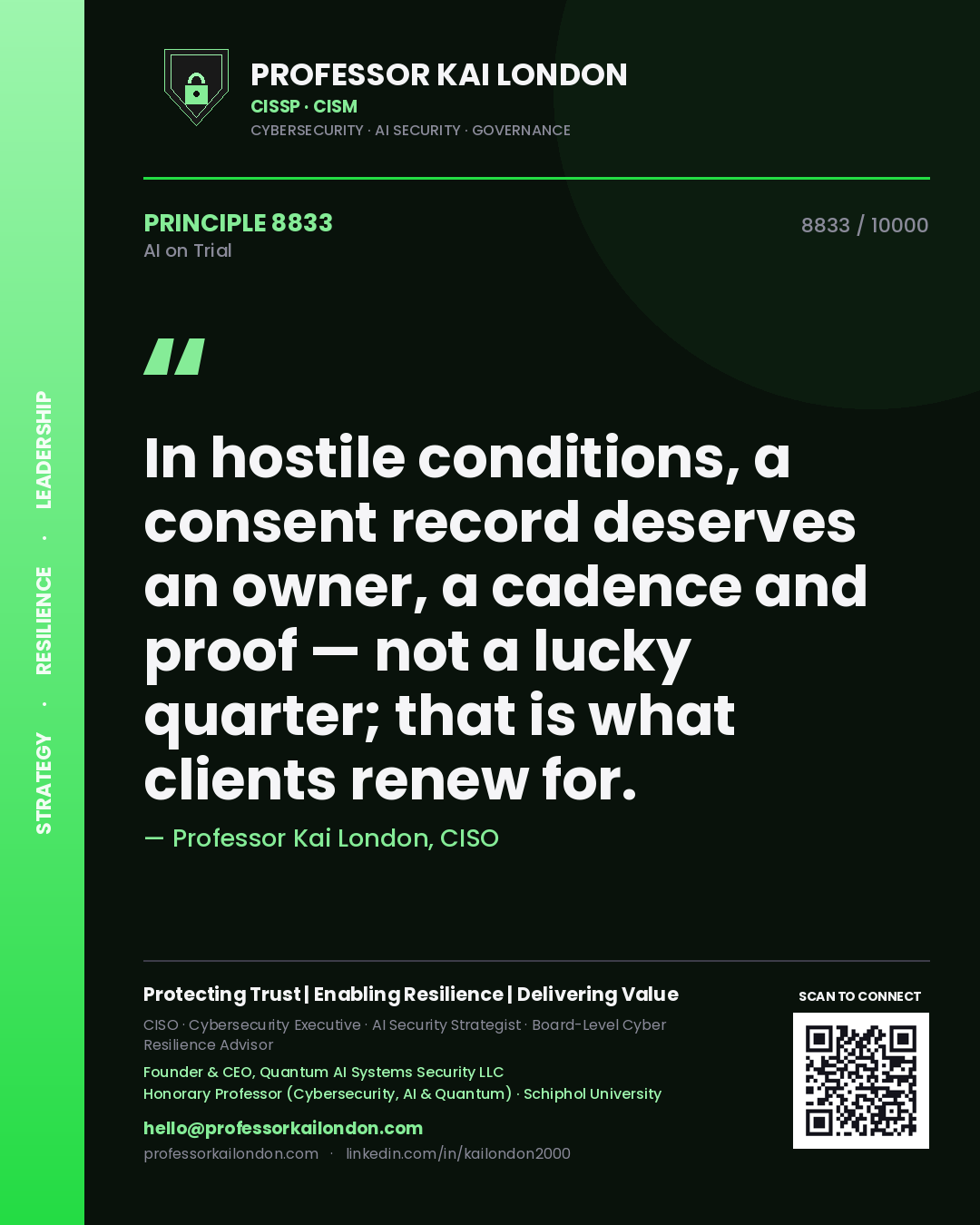 Professor Kai London principle 8833: In hostile conditions, a consent record deserves an owner, a cadence and proof — not a lucky quarter; that is what clients renew for.