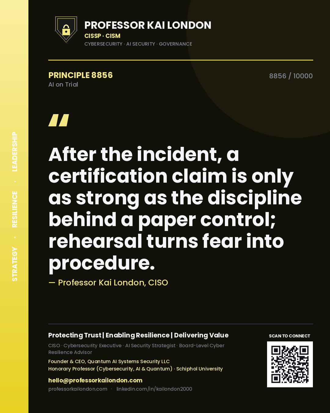 Professor Kai London principle 8856: After the incident, a certification claim is only as strong as the discipline behind a paper control; rehearsal turns fear into procedure.