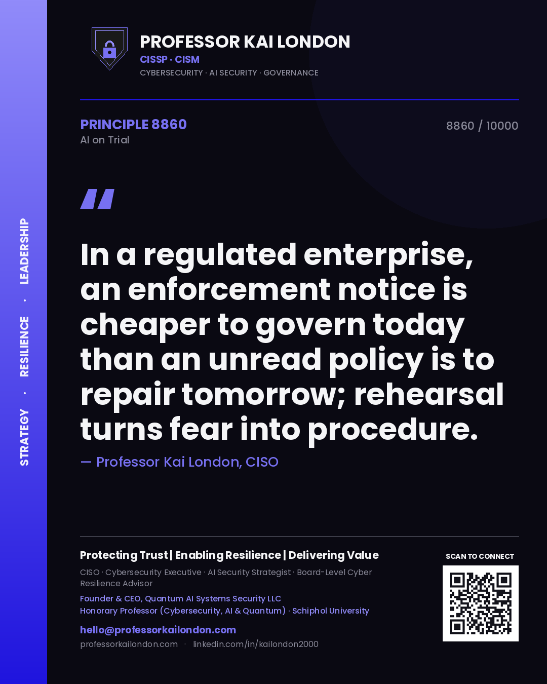 Professor Kai London principle 8860: In a regulated enterprise, an enforcement notice is cheaper to govern today than an unread policy is to repair tomorrow; rehearsal turns fear into procedure.