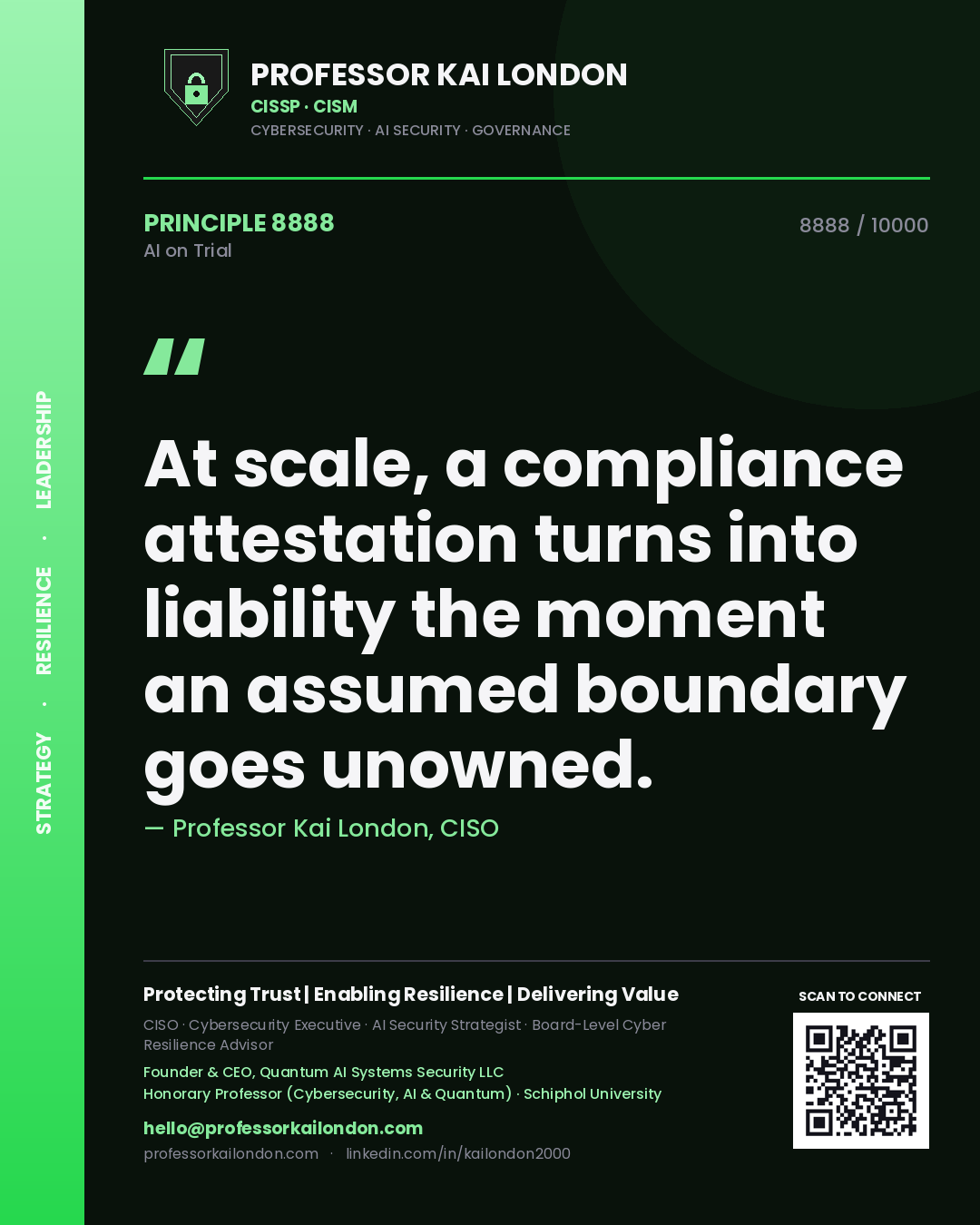 Professor Kai London principle 8888: At scale, a compliance attestation turns into liability the moment an assumed boundary goes unowned.
