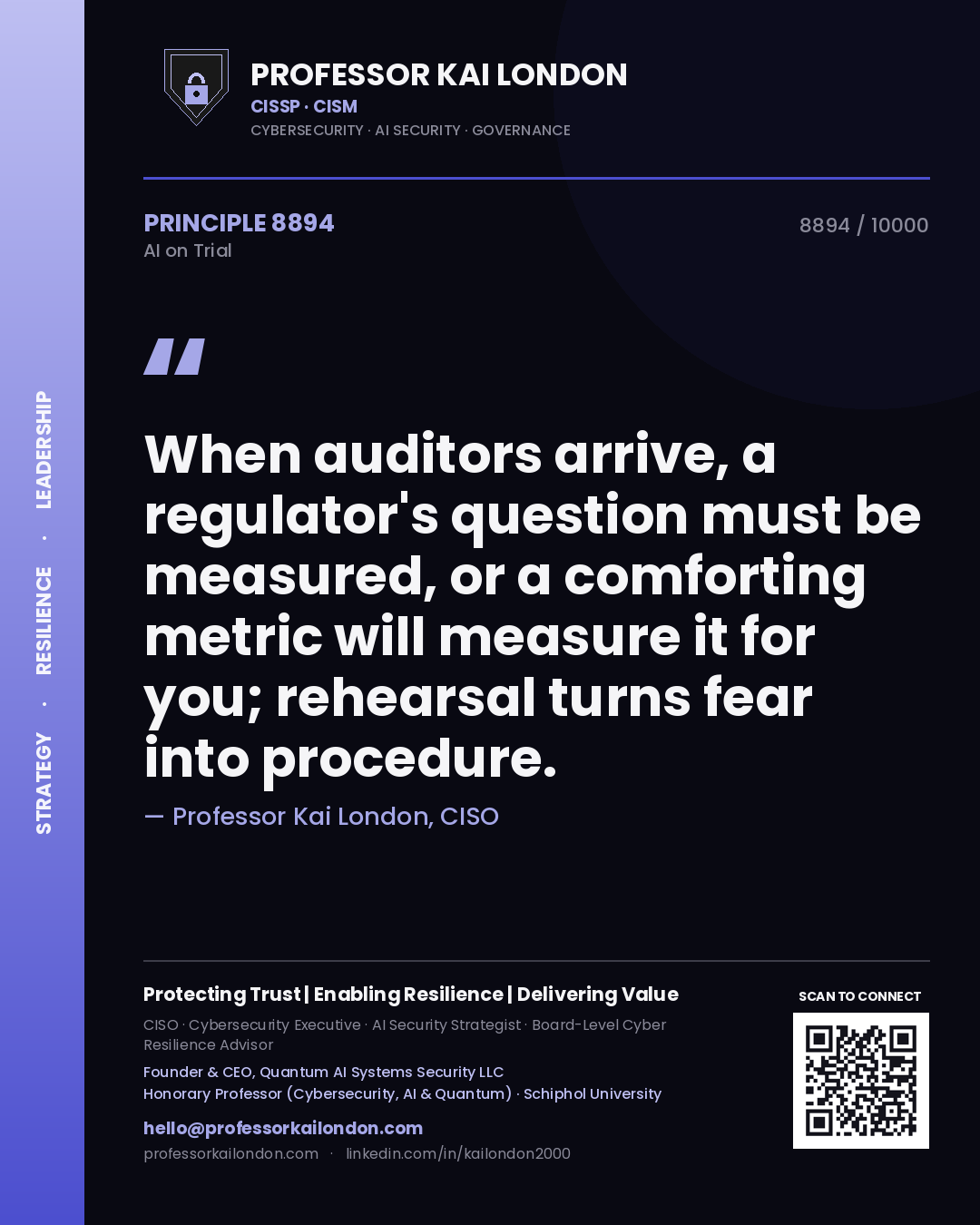 Professor Kai London principle 8894: When auditors arrive, a regulator's question must be measured, or a comforting metric will measure it for you; rehearsal turns fear into procedure.
