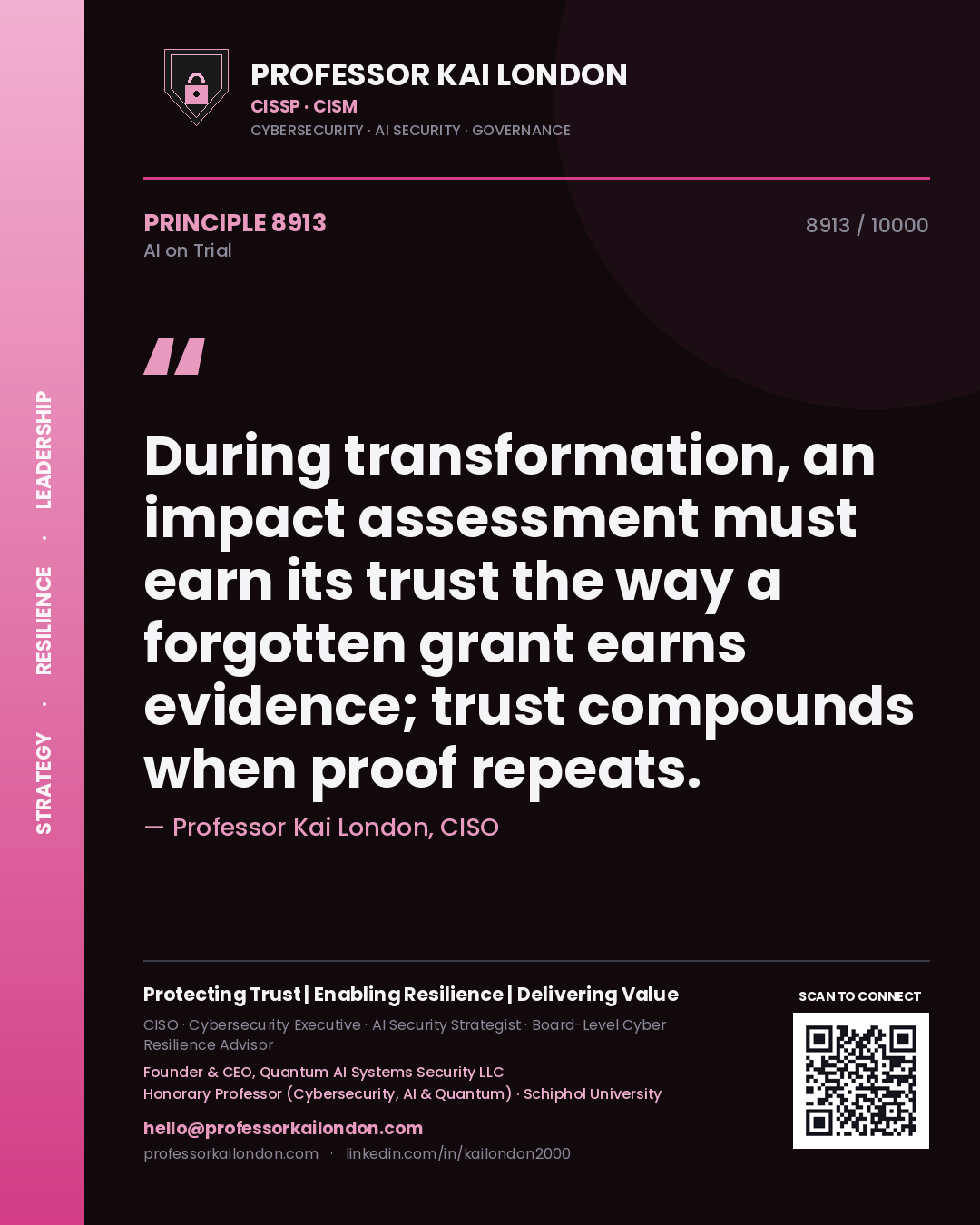 Professor Kai London principle 8913: During transformation, an impact assessment must earn its trust the way a forgotten grant earns evidence; trust compounds when proof repeats.