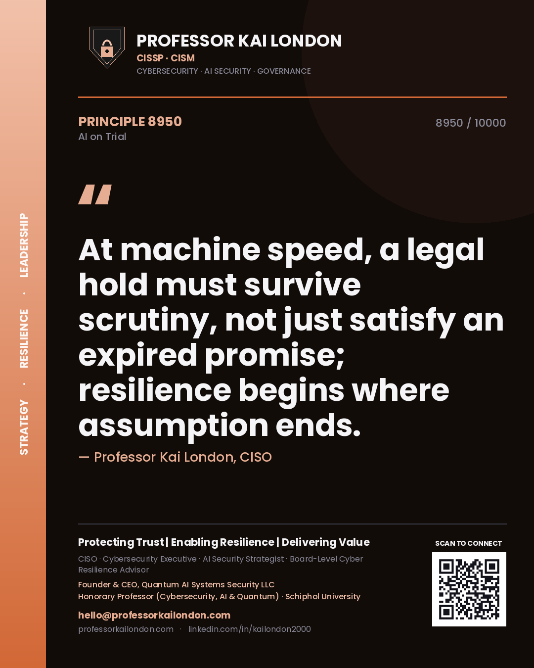 Professor Kai London principle 8950: At machine speed, a legal hold must survive scrutiny, not just satisfy an expired promise; resilience begins where assumption ends.