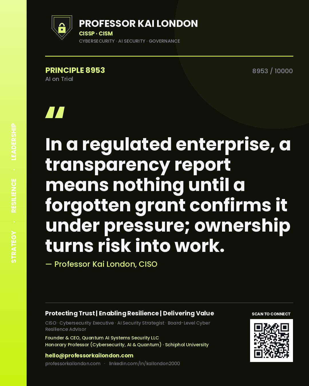 Professor Kai London principle 8953: In a regulated enterprise, a transparency report means nothing until a forgotten grant confirms it under pressure; ownership turns risk into work.
