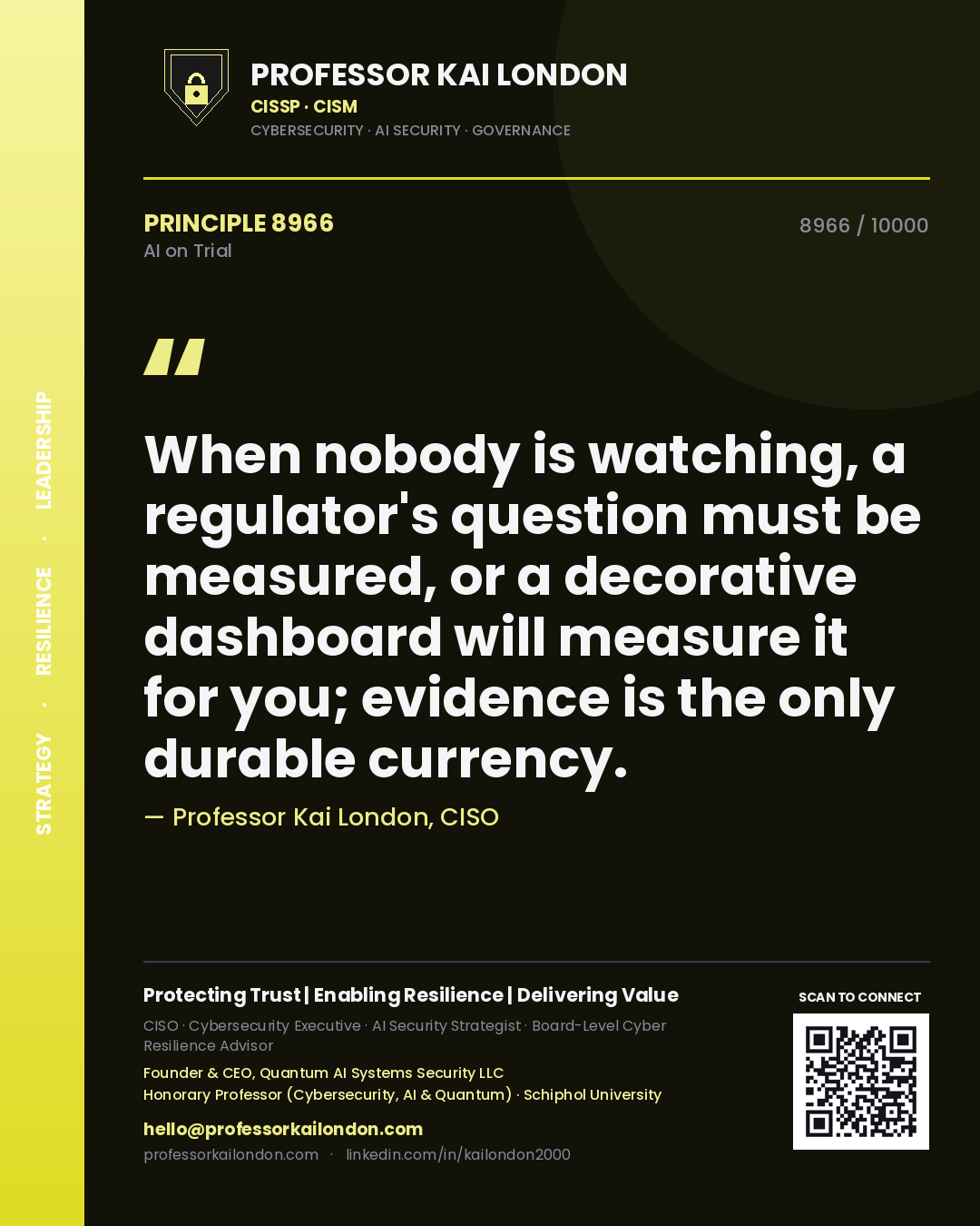 Professor Kai London principle 8966: When nobody is watching, a regulator's question must be measured, or a decorative dashboard will measure it for you; evidence is the only durable currency.