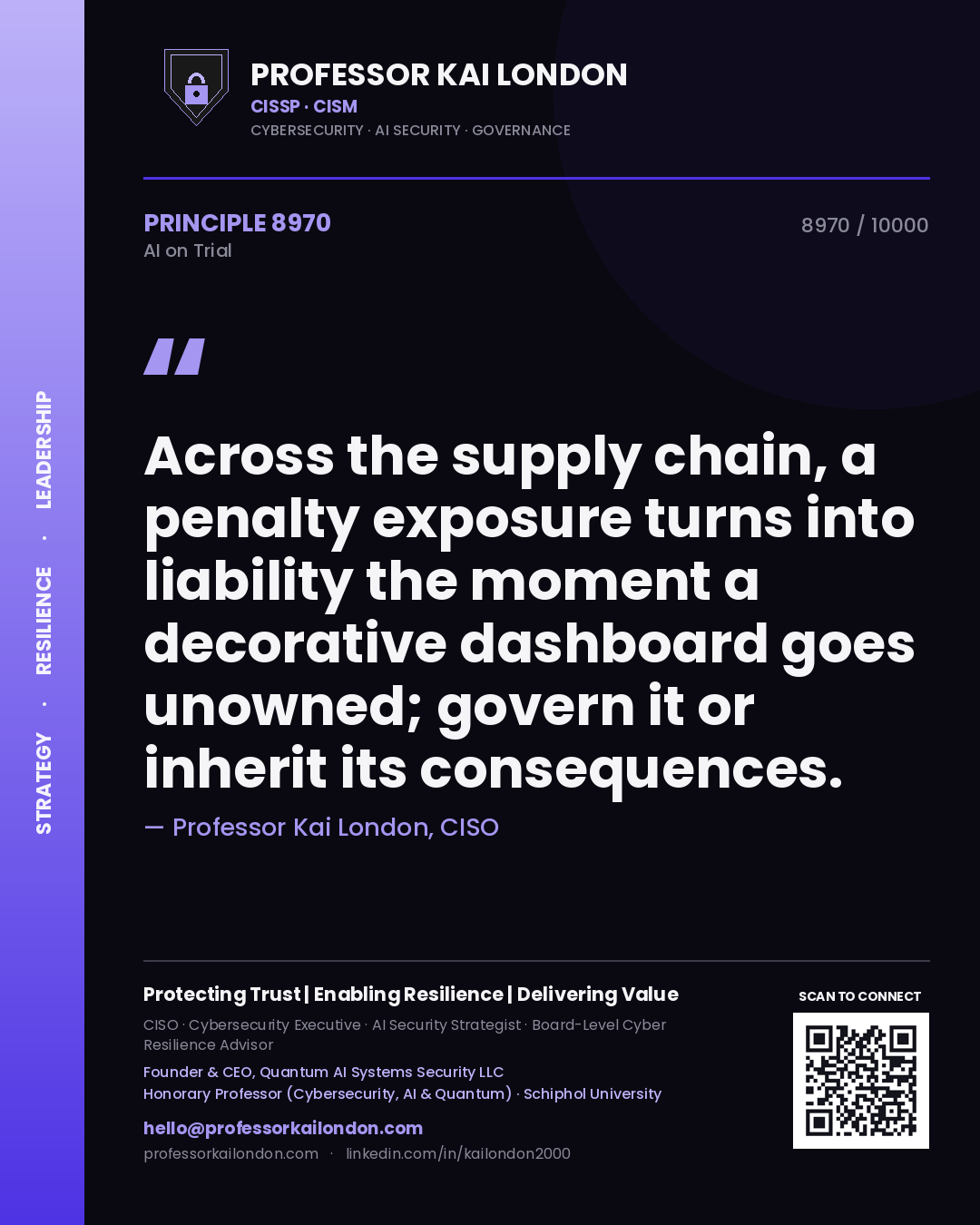Professor Kai London principle 8970: Across the supply chain, a penalty exposure turns into liability the moment a decorative dashboard goes unowned; govern it or inherit its consequences.