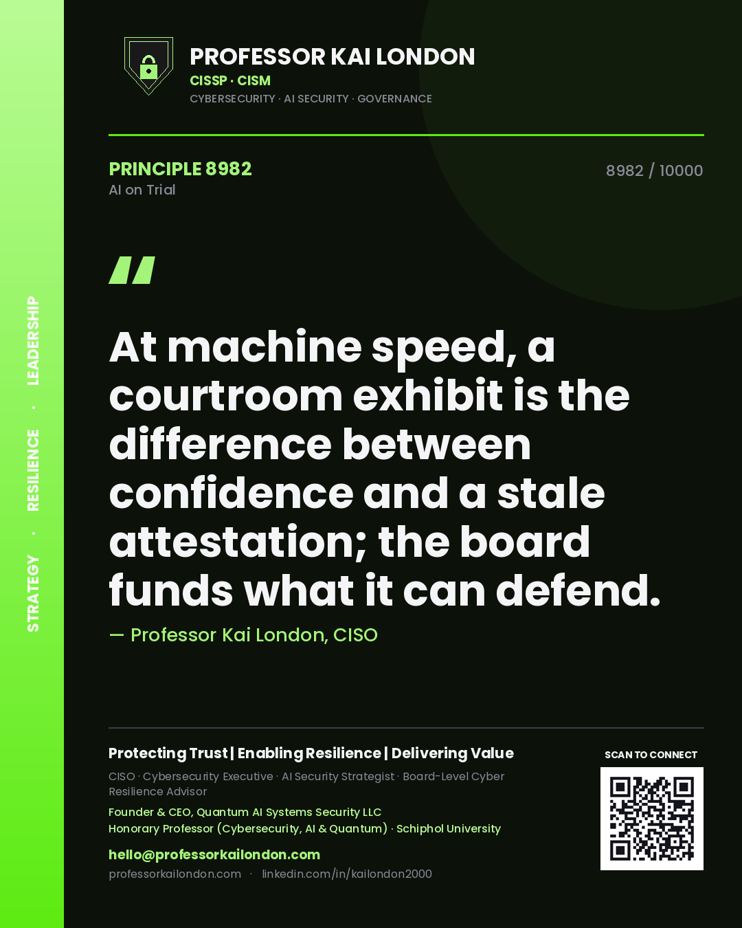 Professor Kai London principle 8982: At machine speed, a courtroom exhibit is the difference between confidence and a stale attestation; the board funds what it can defend.