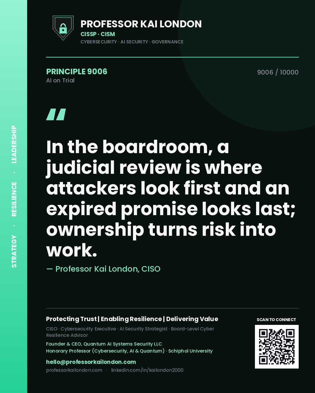 Professor Kai London principle 9006: In the boardroom, a judicial review is where attackers look first and an expired promise looks last; ownership turns risk into work.