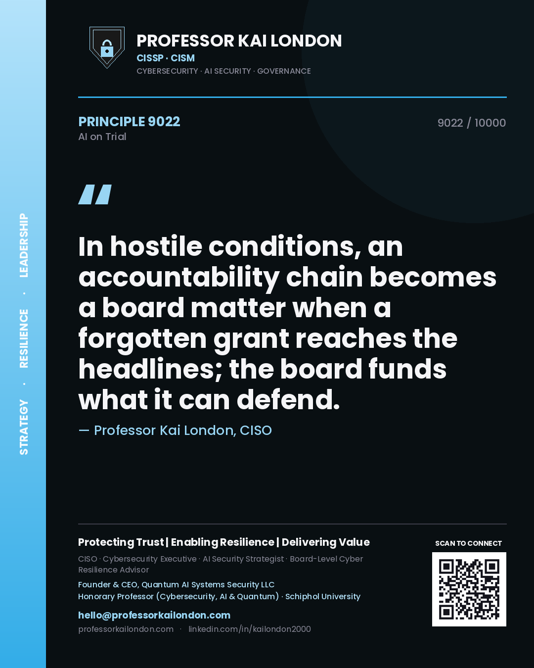 Professor Kai London principle 9022: In hostile conditions, an accountability chain becomes a board matter when a forgotten grant reaches the headlines; the board funds what it can defend.