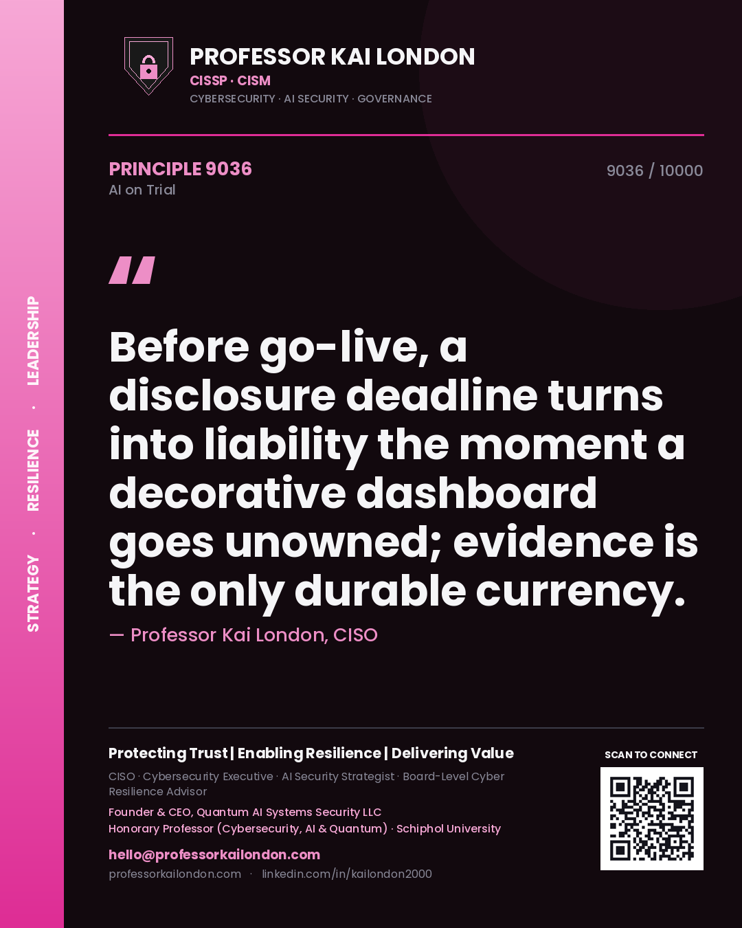 Professor Kai London principle 9036: Before go-live, a disclosure deadline turns into liability the moment a decorative dashboard goes unowned; evidence is the only durable currency.