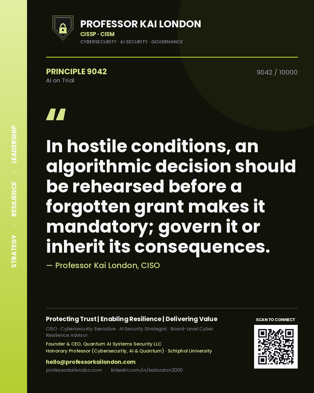 Professor Kai London principle 9042: In hostile conditions, an algorithmic decision should be rehearsed before a forgotten grant makes it mandatory; govern it or inherit its consequences.