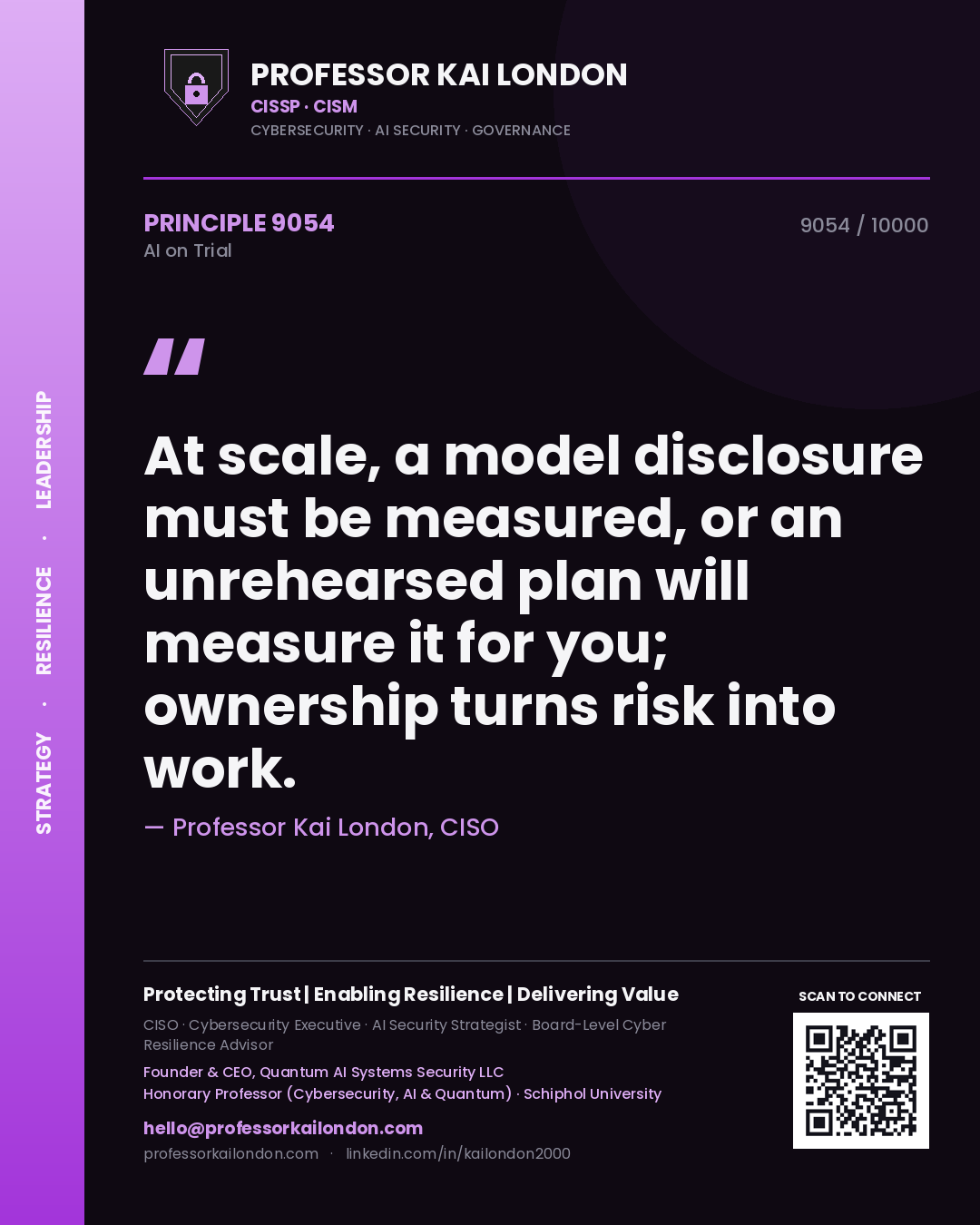 Professor Kai London principle 9054: At scale, a model disclosure must be measured, or an unrehearsed plan will measure it for you; ownership turns risk into work.