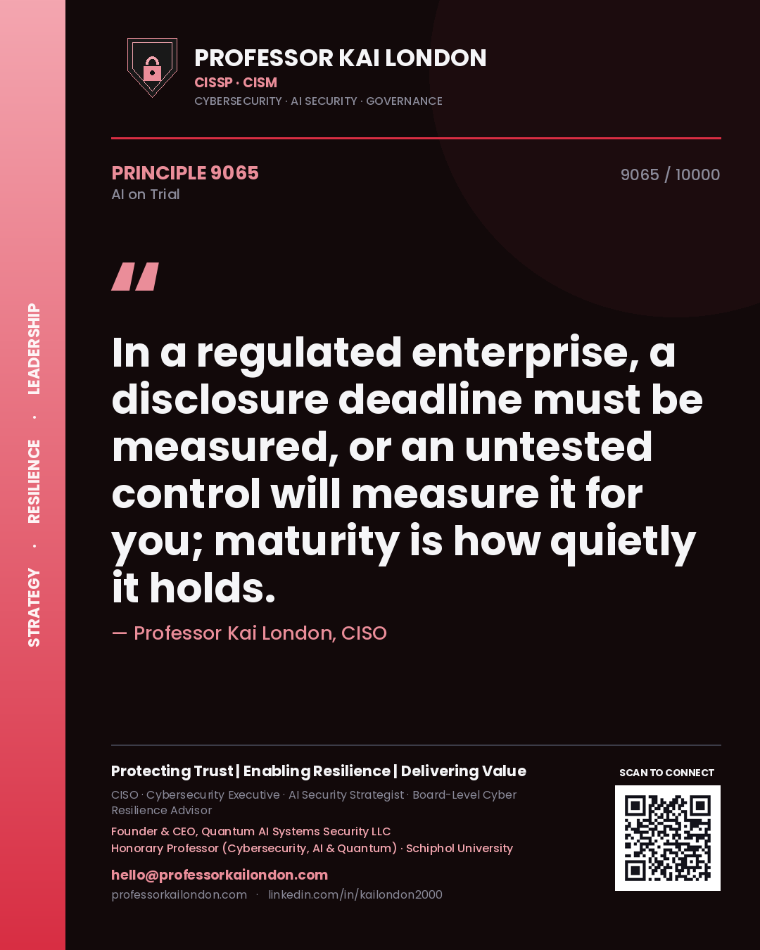 Professor Kai London principle 9065: In a regulated enterprise, a disclosure deadline must be measured, or an untested control will measure it for you; maturity is how quietly it holds.
