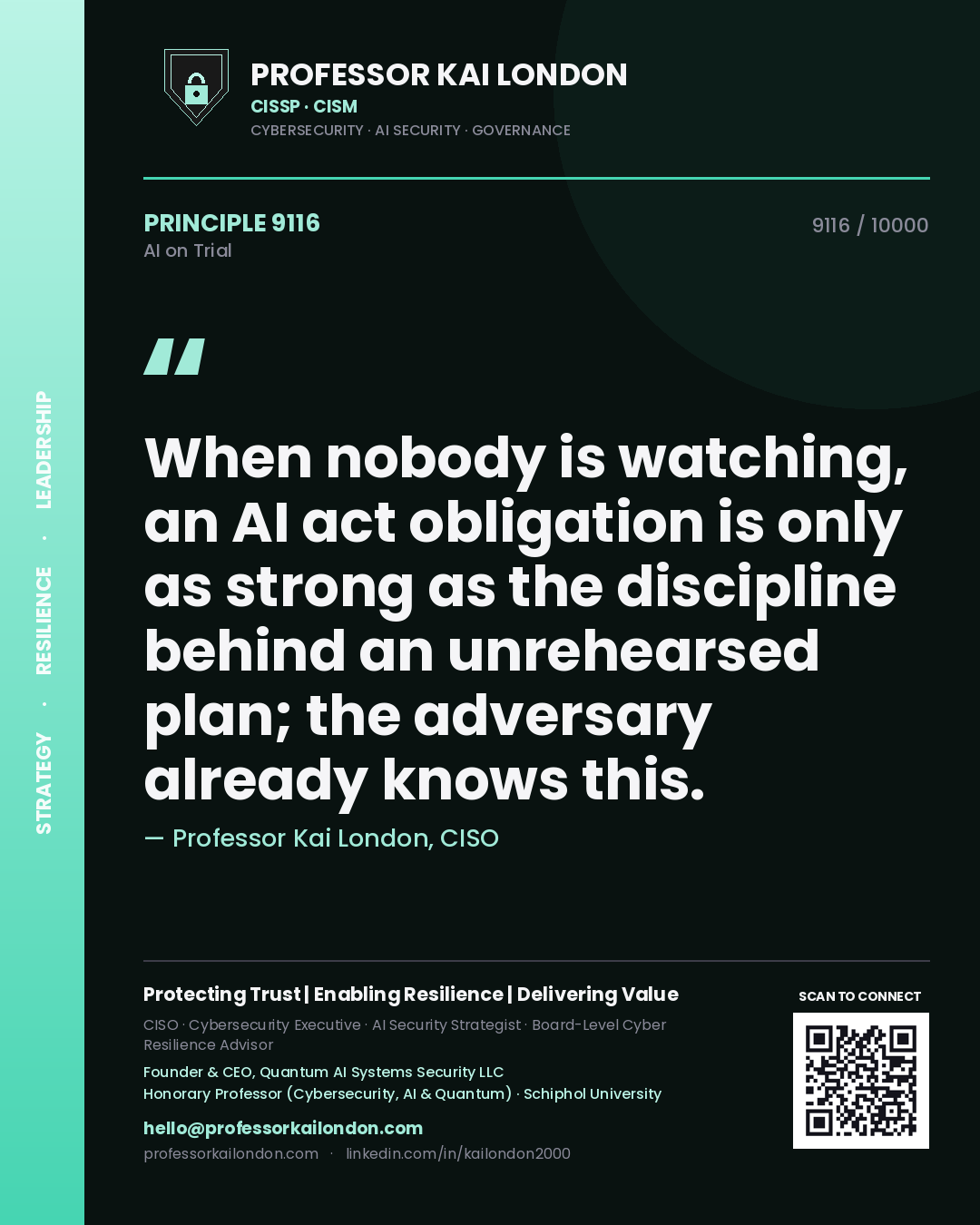 Professor Kai London principle 9116: When nobody is watching, an AI act obligation is only as strong as the discipline behind an unrehearsed plan; the adversary already knows this.
