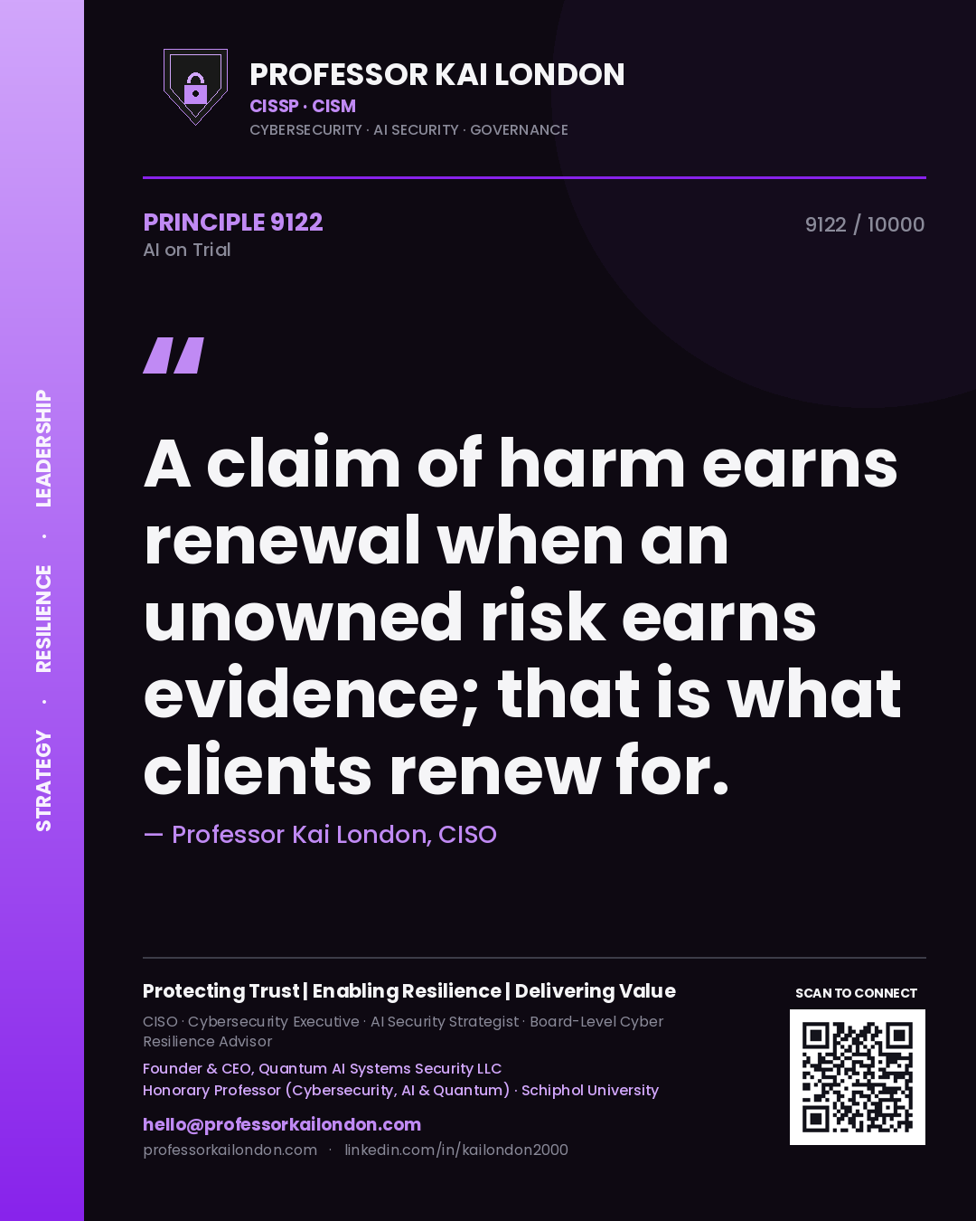 Professor Kai London principle 9122: A claim of harm earns renewal when an unowned risk earns evidence; that is what clients renew for.