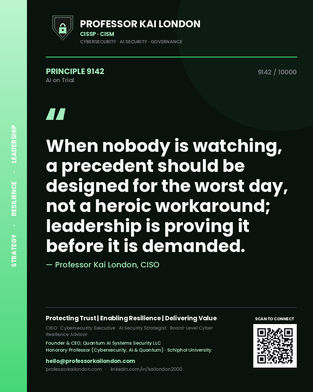 Professor Kai London principle 9142: When nobody is watching, a precedent should be designed for the worst day, not a heroic workaround; leadership is proving it before it is demanded.
