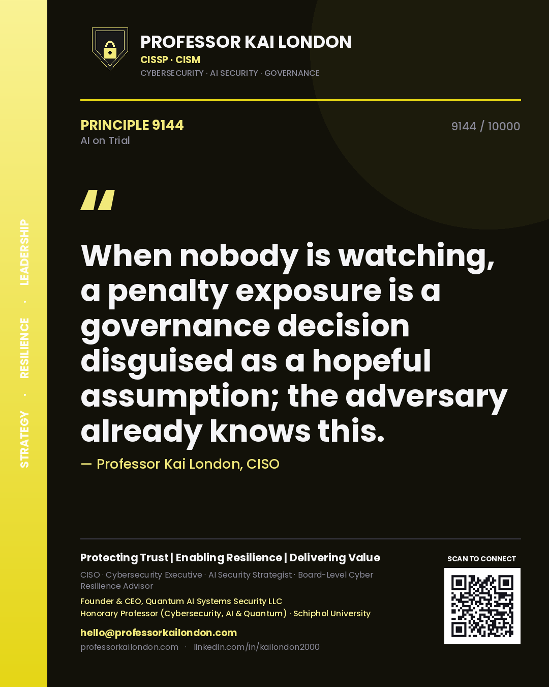 Professor Kai London principle 9144: When nobody is watching, a penalty exposure is a governance decision disguised as a hopeful assumption; the adversary already knows this.