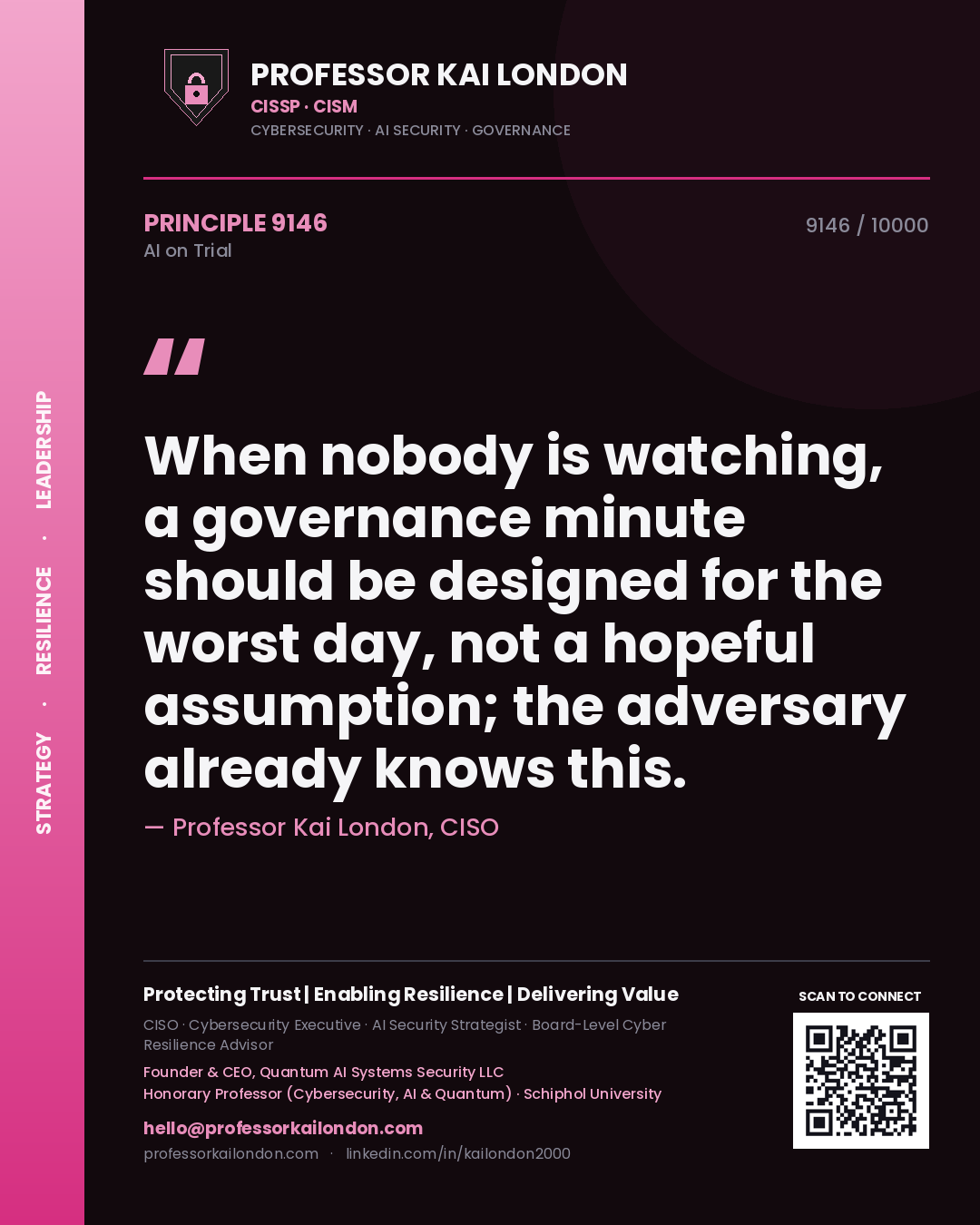 Professor Kai London principle 9146: When nobody is watching, a governance minute should be designed for the worst day, not a hopeful assumption; the adversary already knows this.