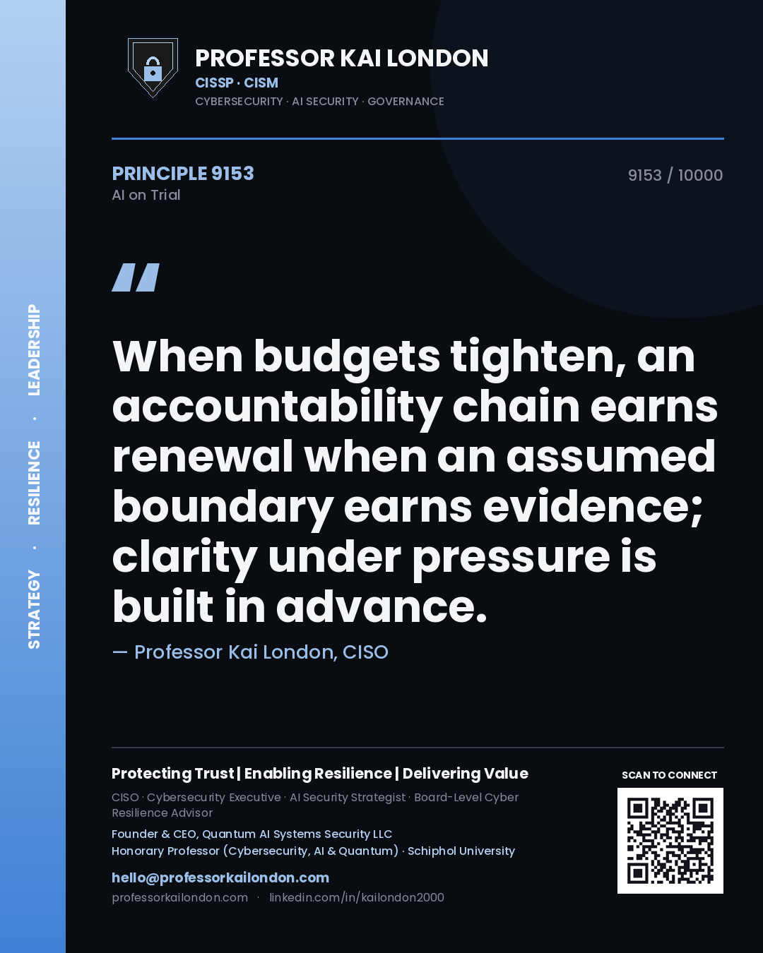 Professor Kai London principle 9153: When budgets tighten, an accountability chain earns renewal when an assumed boundary earns evidence; clarity under pressure is built in advance.