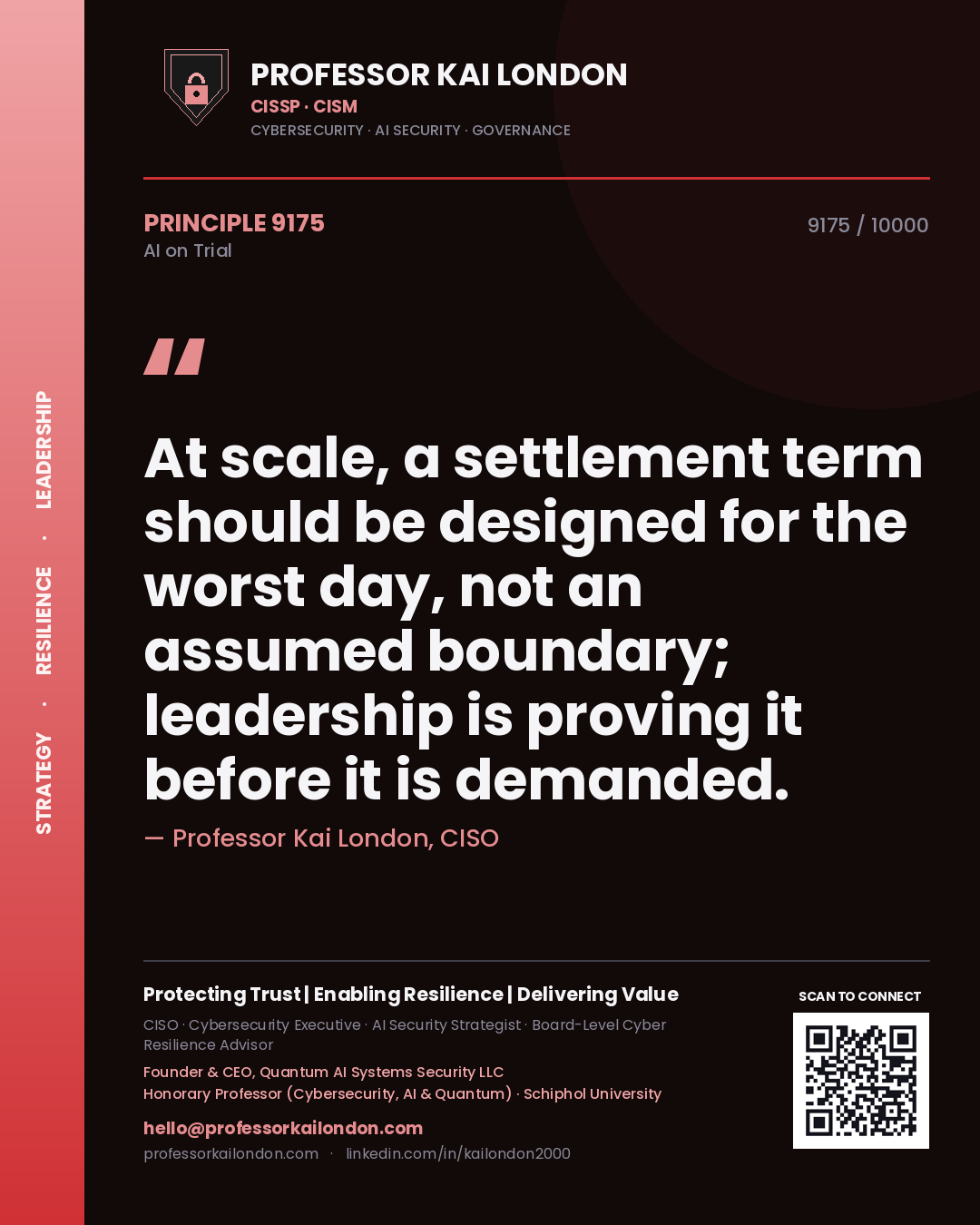 Professor Kai London principle 9175: At scale, a settlement term should be designed for the worst day, not an assumed boundary; leadership is proving it before it is demanded.
