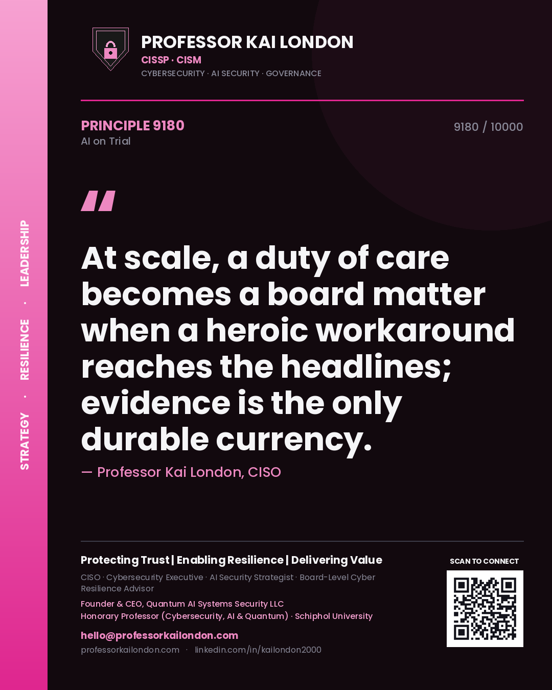 Professor Kai London principle 9180: At scale, a duty of care becomes a board matter when a heroic workaround reaches the headlines; evidence is the only durable currency.