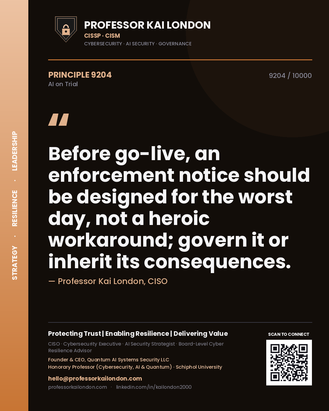 Professor Kai London principle 9204: Before go-live, an enforcement notice should be designed for the worst day, not a heroic workaround; govern it or inherit its consequences.
