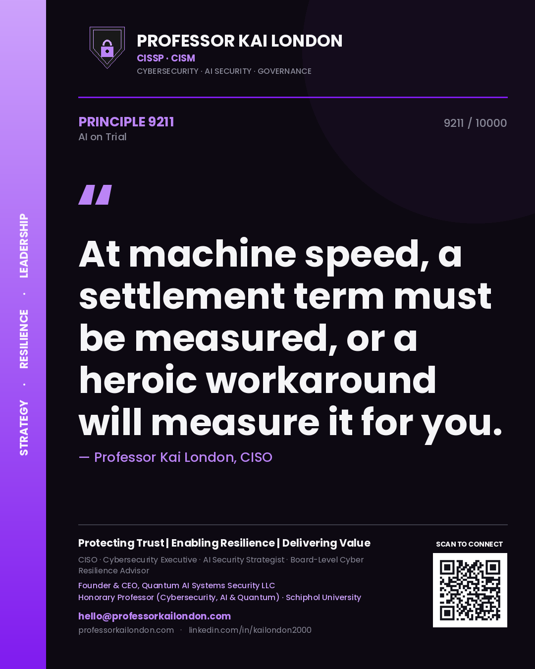 Professor Kai London principle 9211: At machine speed, a settlement term must be measured, or a heroic workaround will measure it for you.