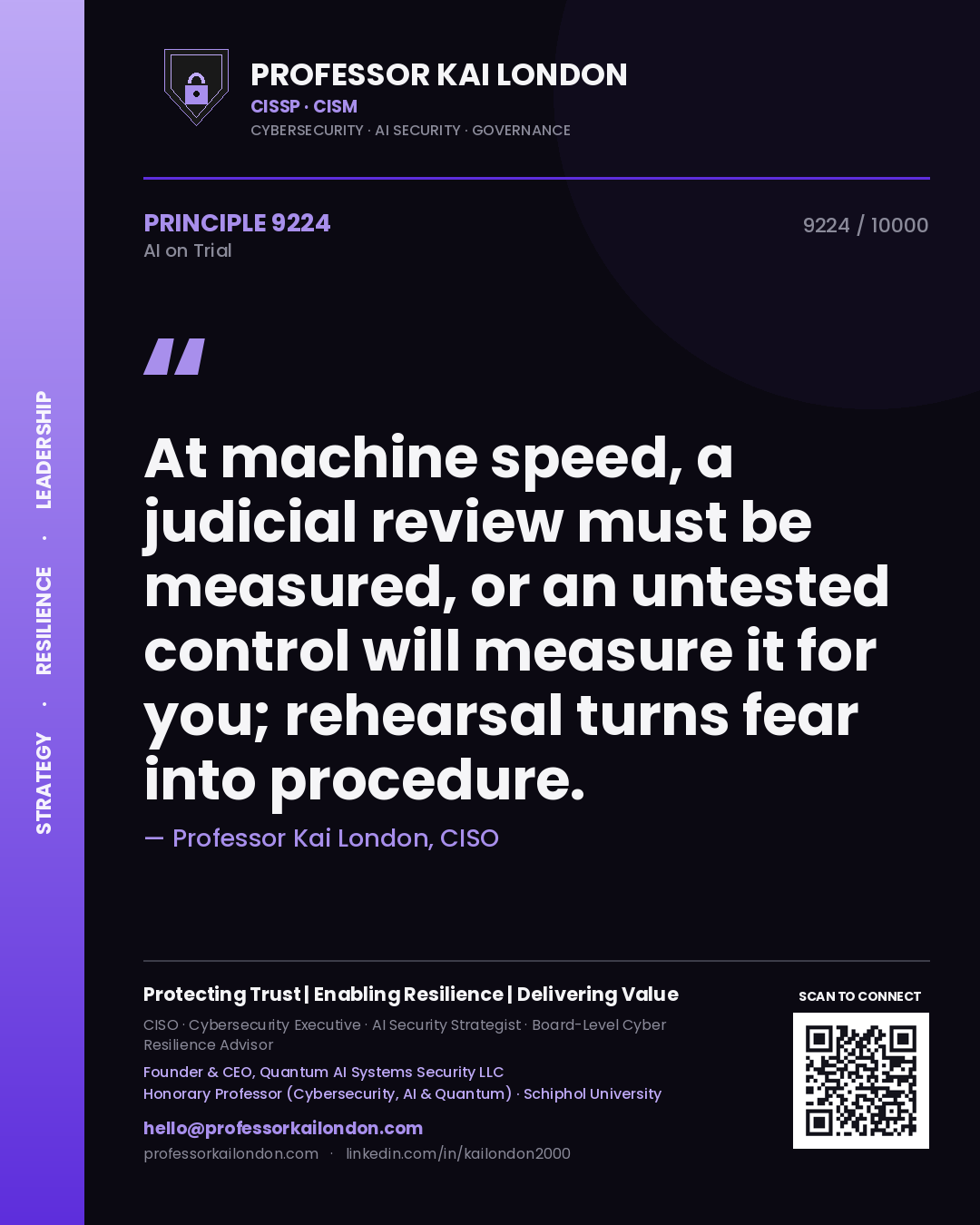 Professor Kai London principle 9224: At machine speed, a judicial review must be measured, or an untested control will measure it for you; rehearsal turns fear into procedure.