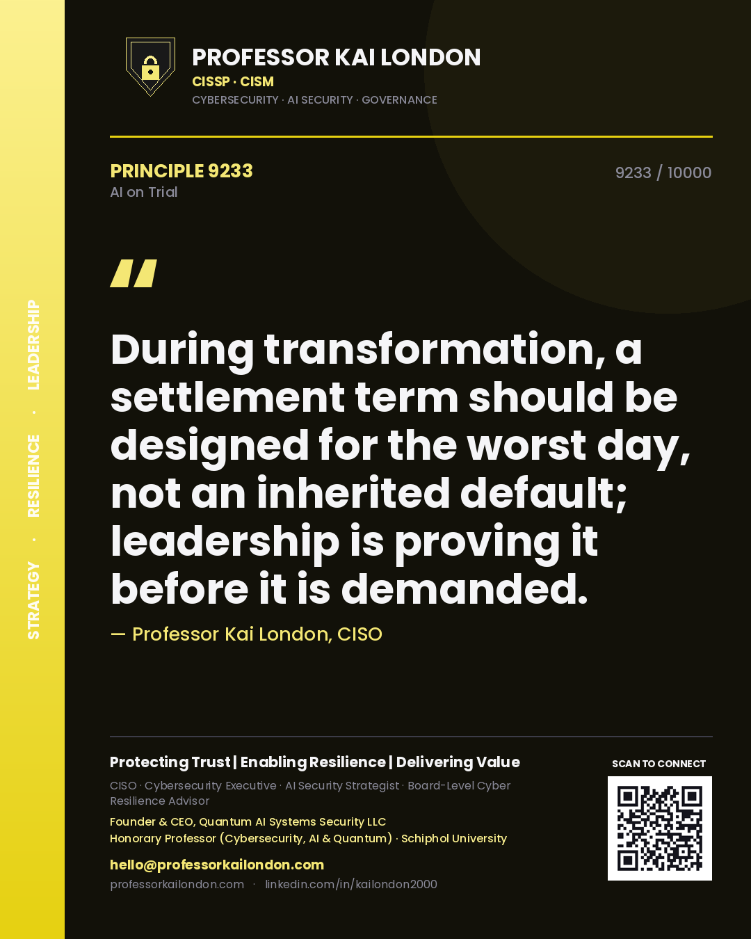 Professor Kai London principle 9233: During transformation, a settlement term should be designed for the worst day, not an inherited default; leadership is proving it before it is demanded.