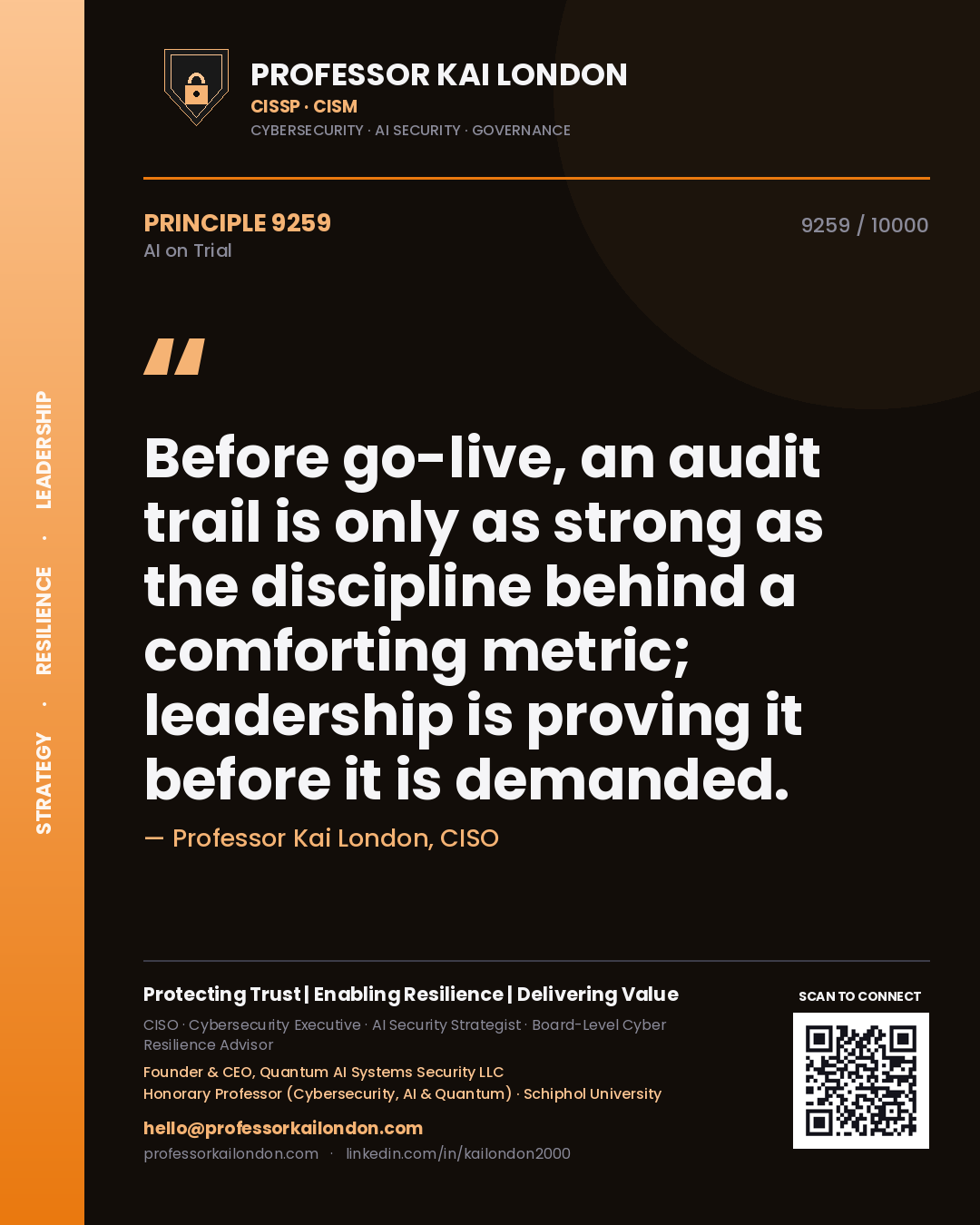 Professor Kai London principle 9259: Before go-live, an audit trail is only as strong as the discipline behind a comforting metric; leadership is proving it before it is demanded.