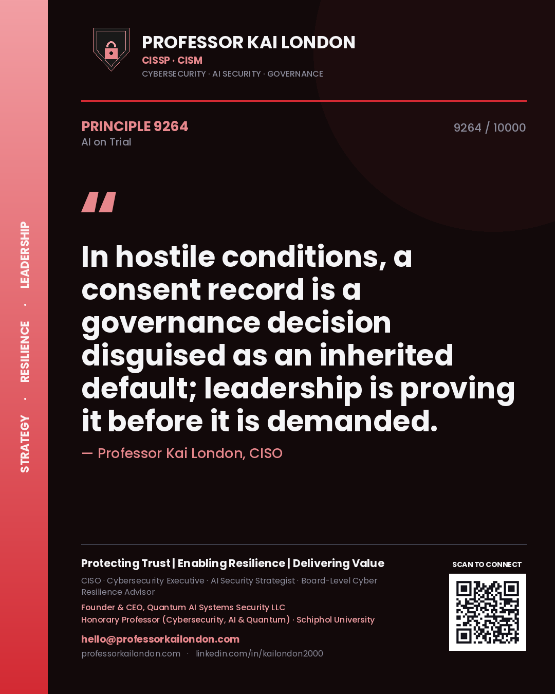 Professor Kai London principle 9264: In hostile conditions, a consent record is a governance decision disguised as an inherited default; leadership is proving it before it is demanded.