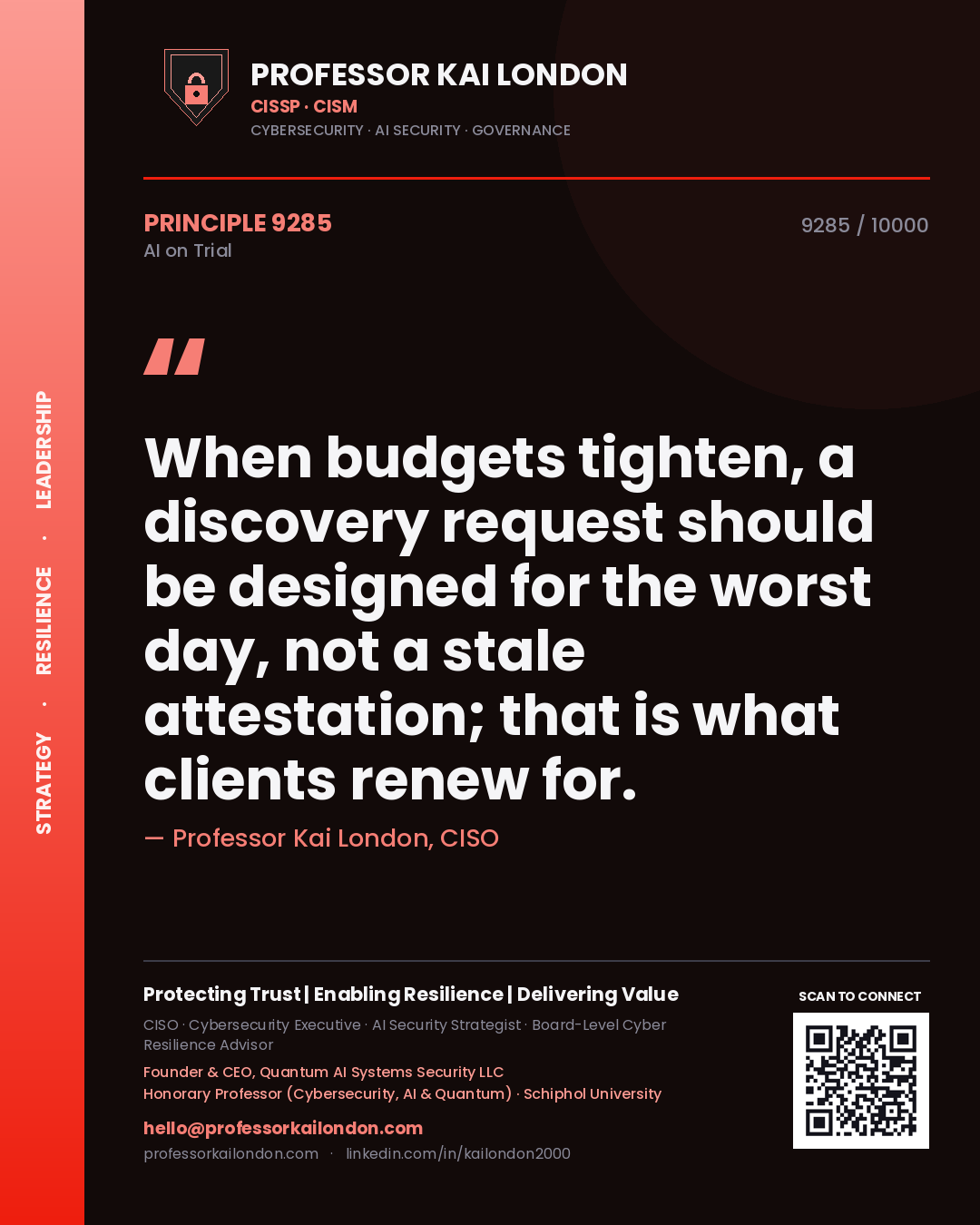Professor Kai London principle 9285: When budgets tighten, a discovery request should be designed for the worst day, not a stale attestation; that is what clients renew for.
